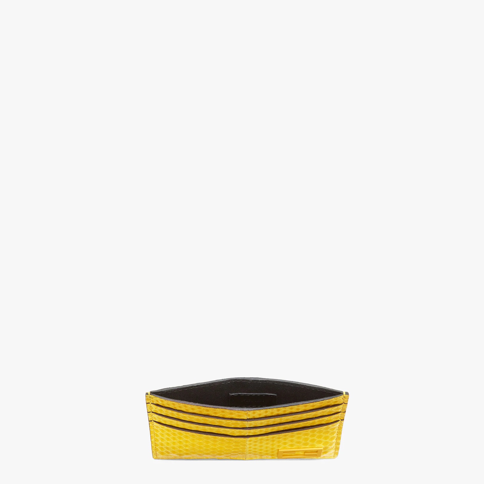 Card holder with six slots and flat central pocket. Made of yellow ayres snakeskin. Black varnished  - 3