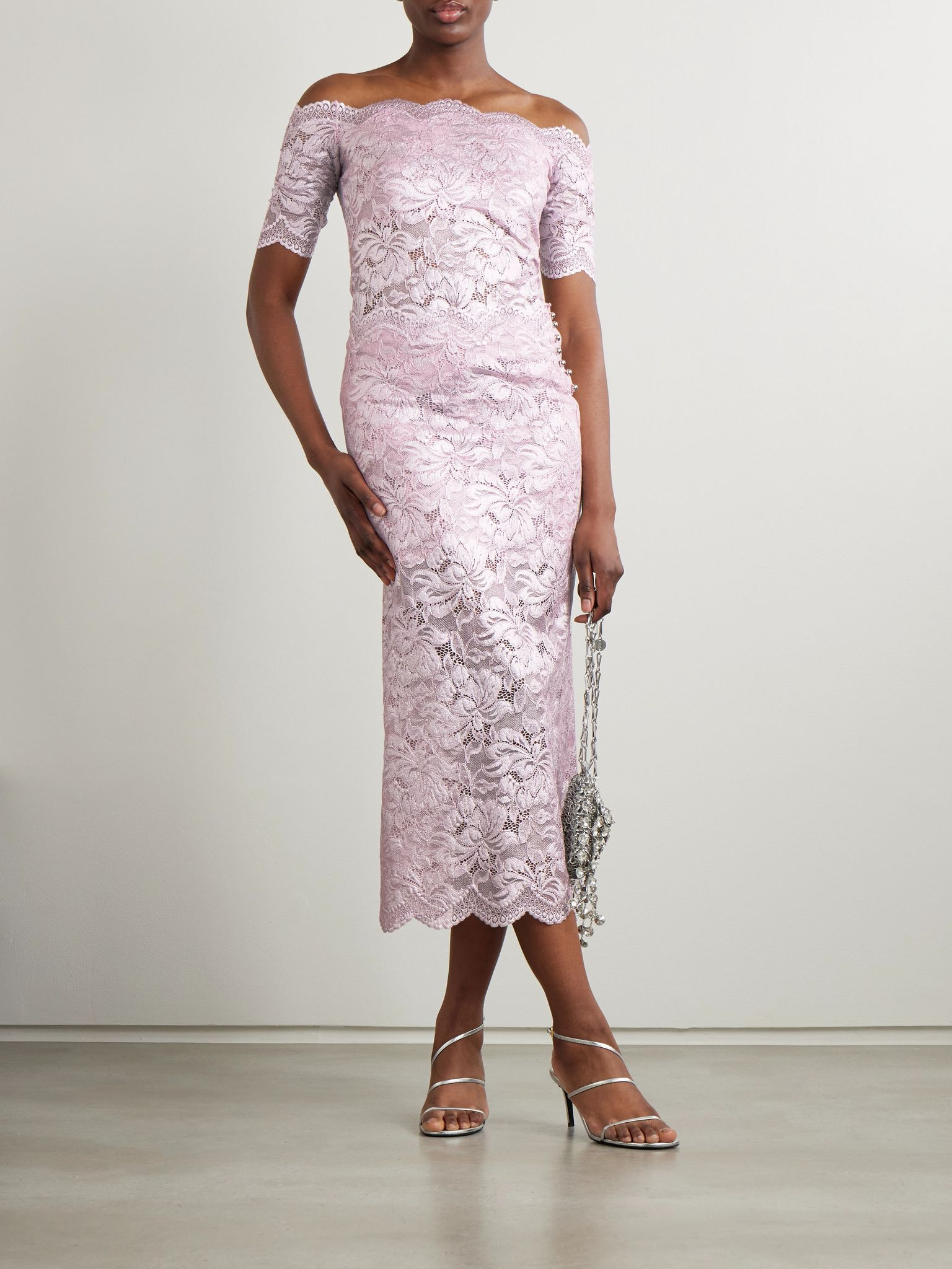 Off-the-shoulder metallic stretch-lace top Pink - 4