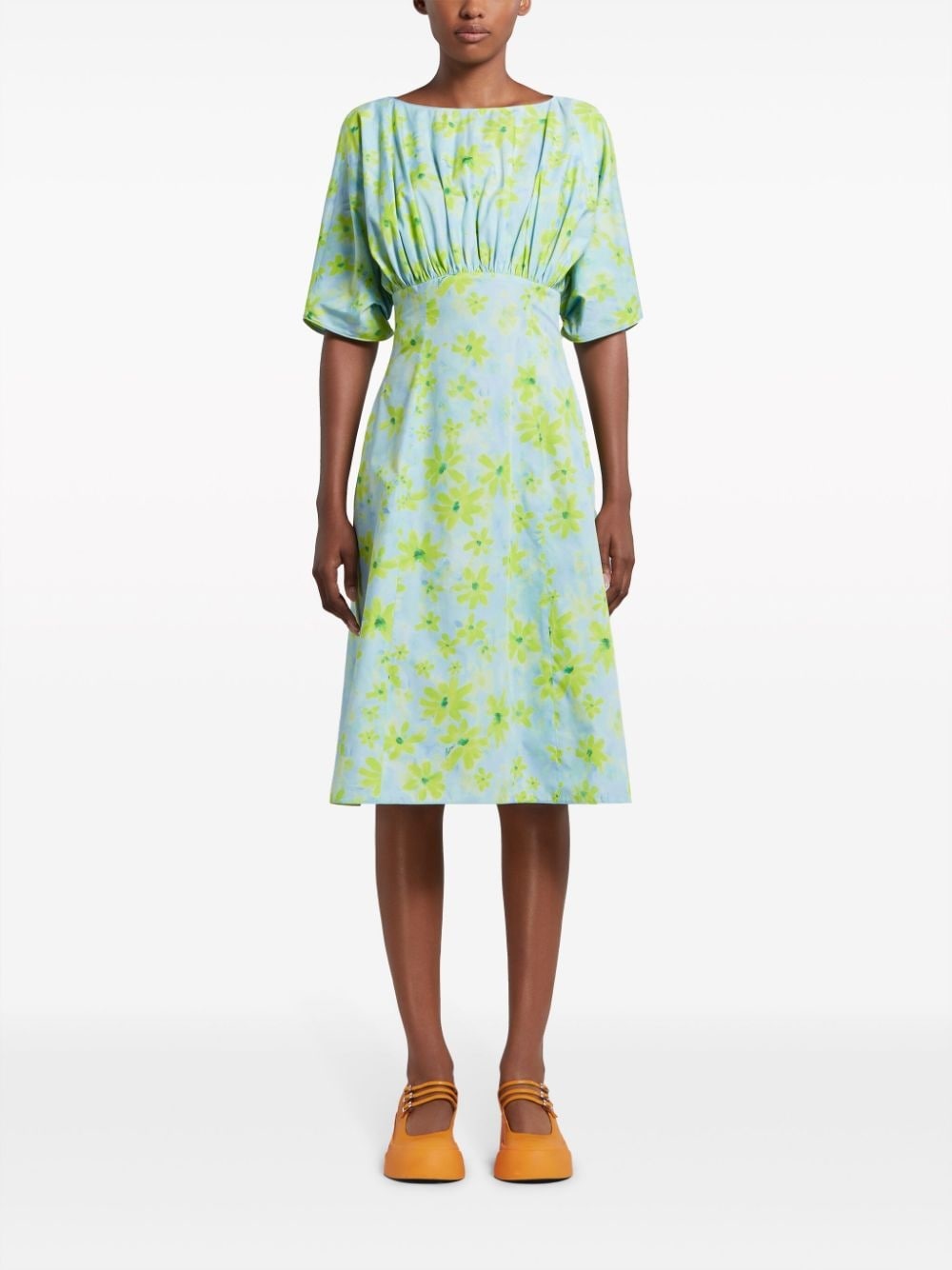 gathered floral-print cotton dress - 2
