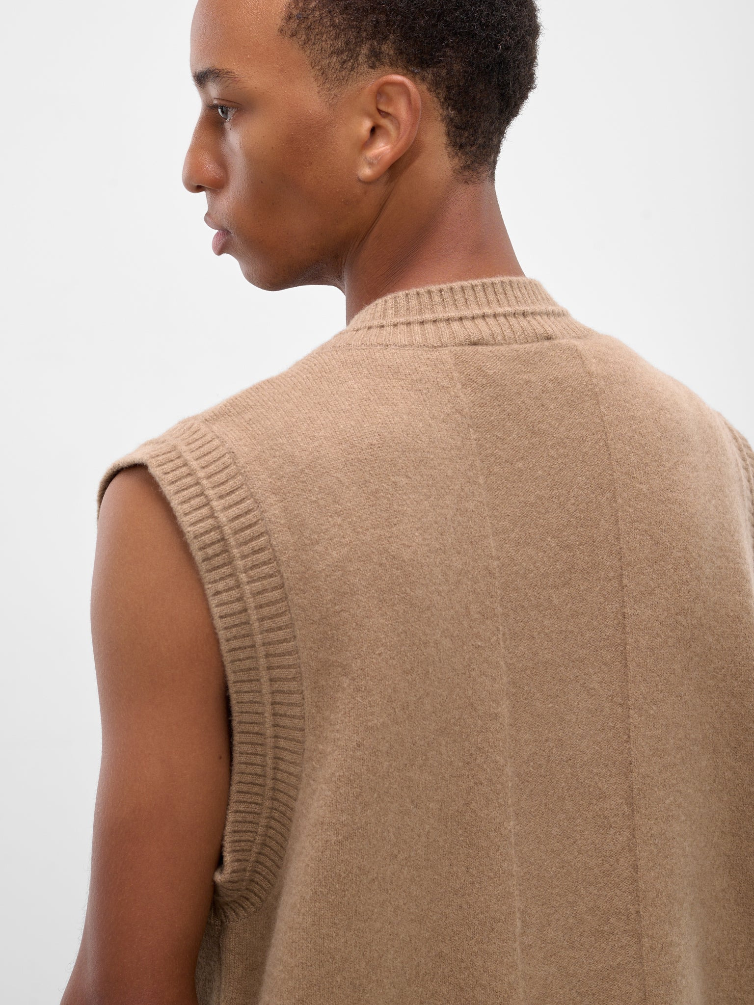 Beige Wool Knit Cardigan Vest - 4