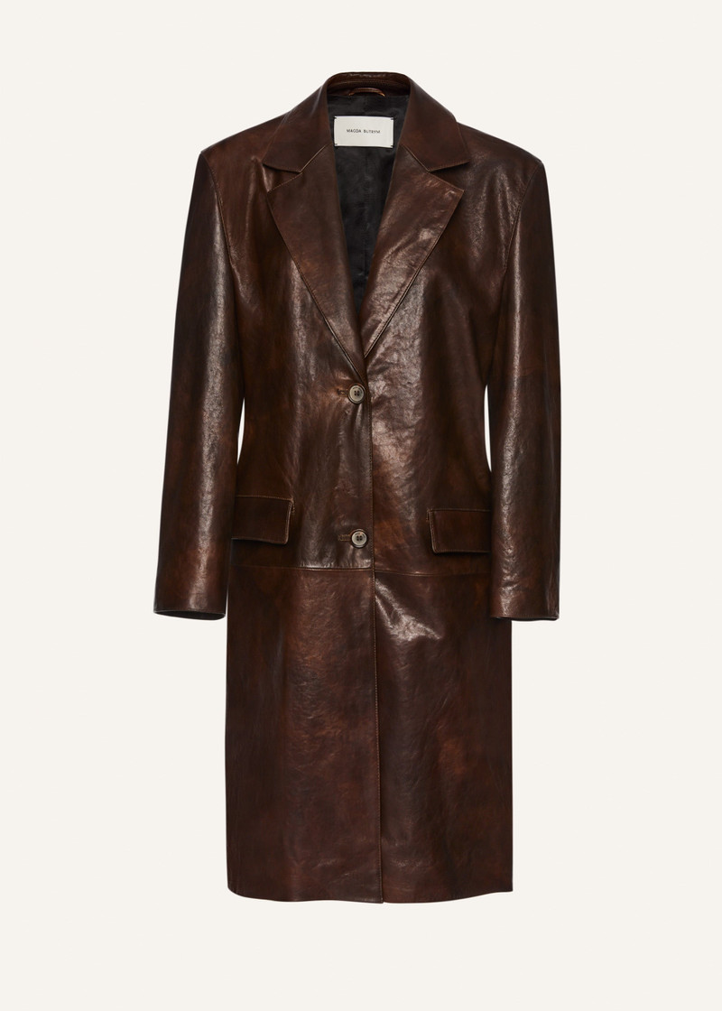 Single breasted leather car coat in brown 1