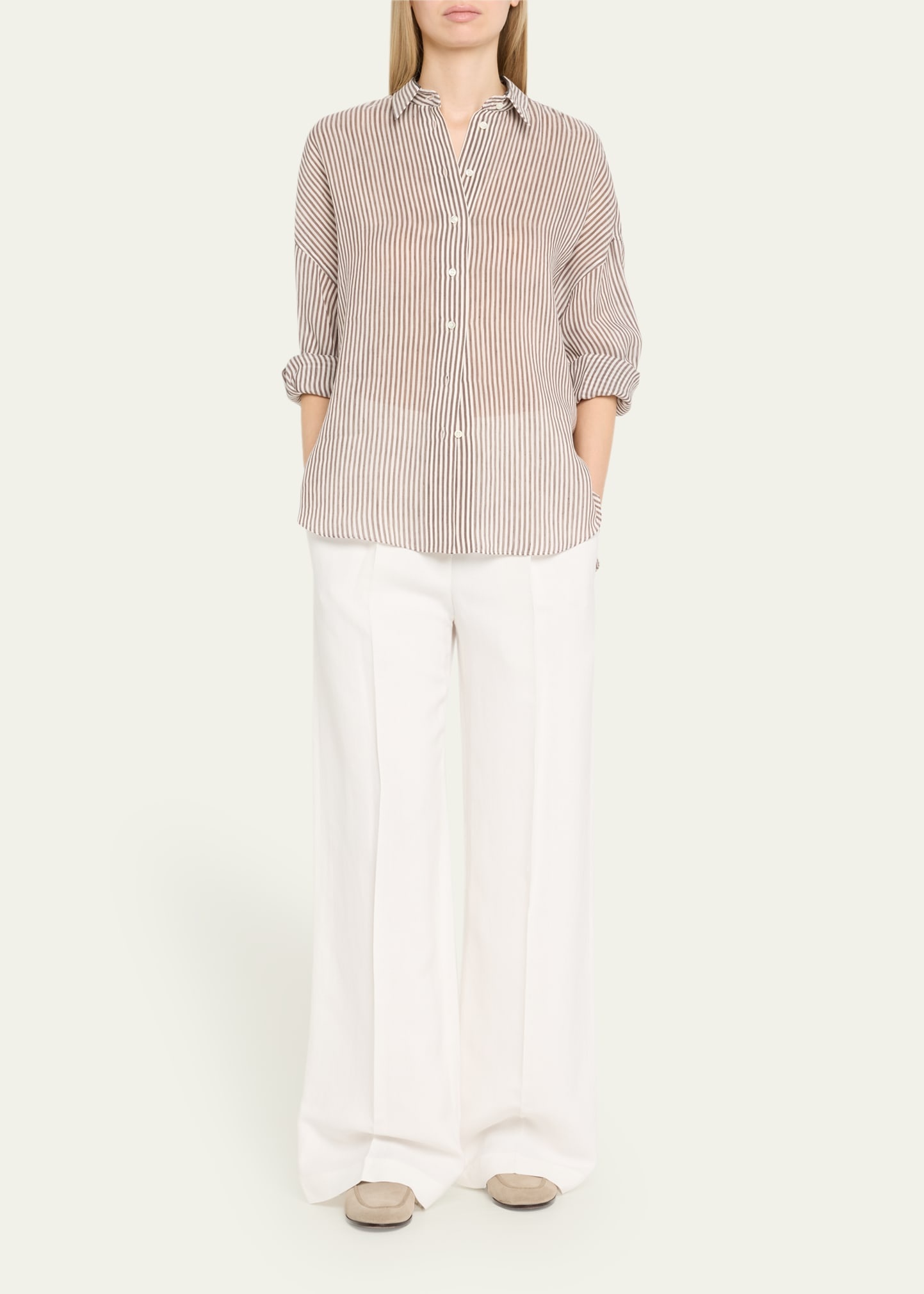 Stripe Button Down Linen Shirt with Piping Collar - 2