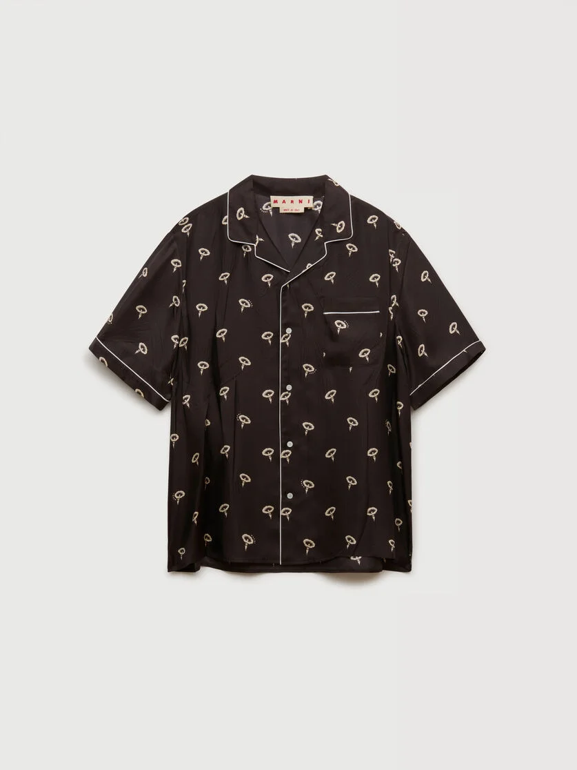 BROWN SILK TWILL PAJAMA SHIRT WITH FLORAL PRINT - 1