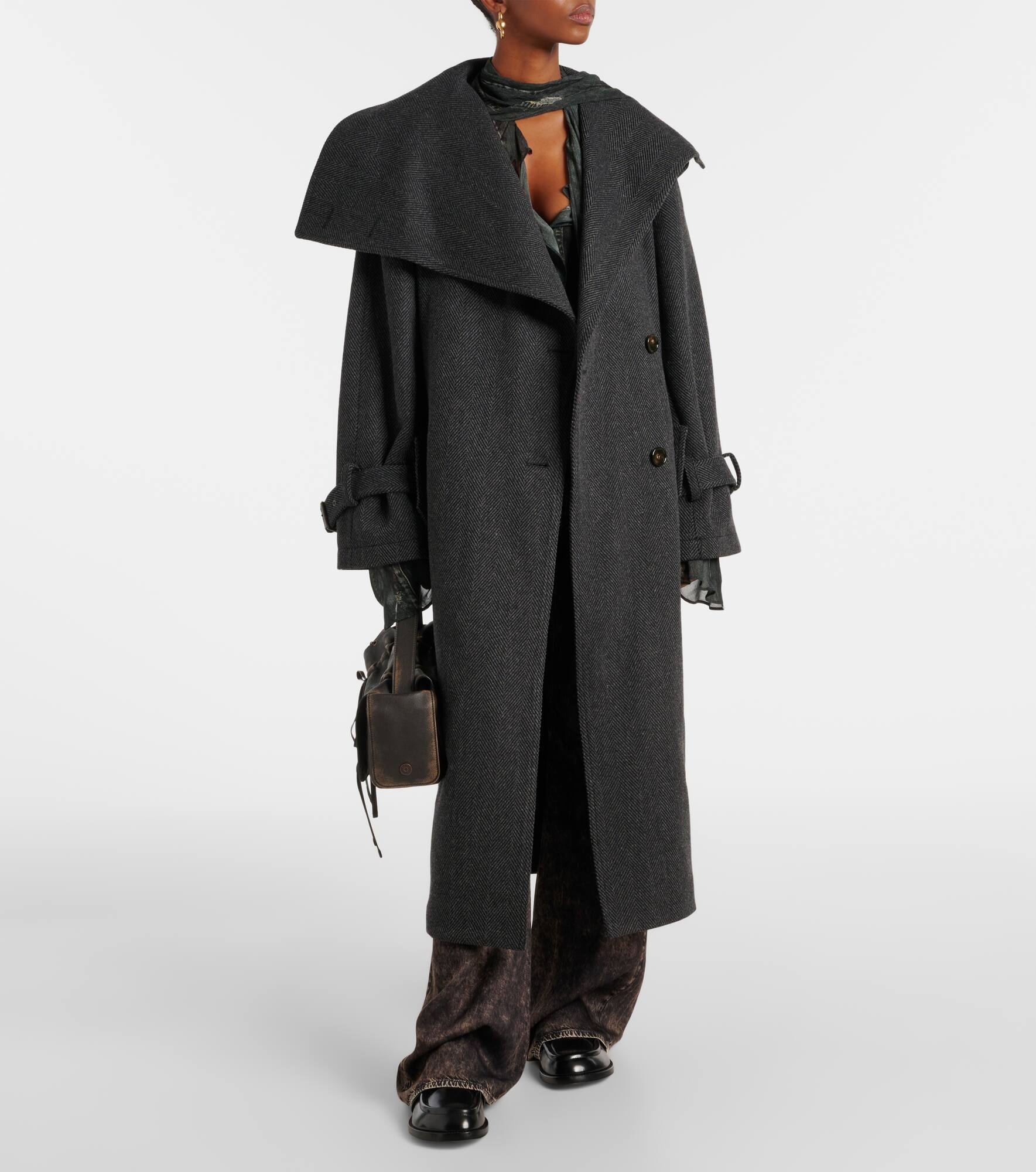 Herringbone belted wool-blend coat - 8