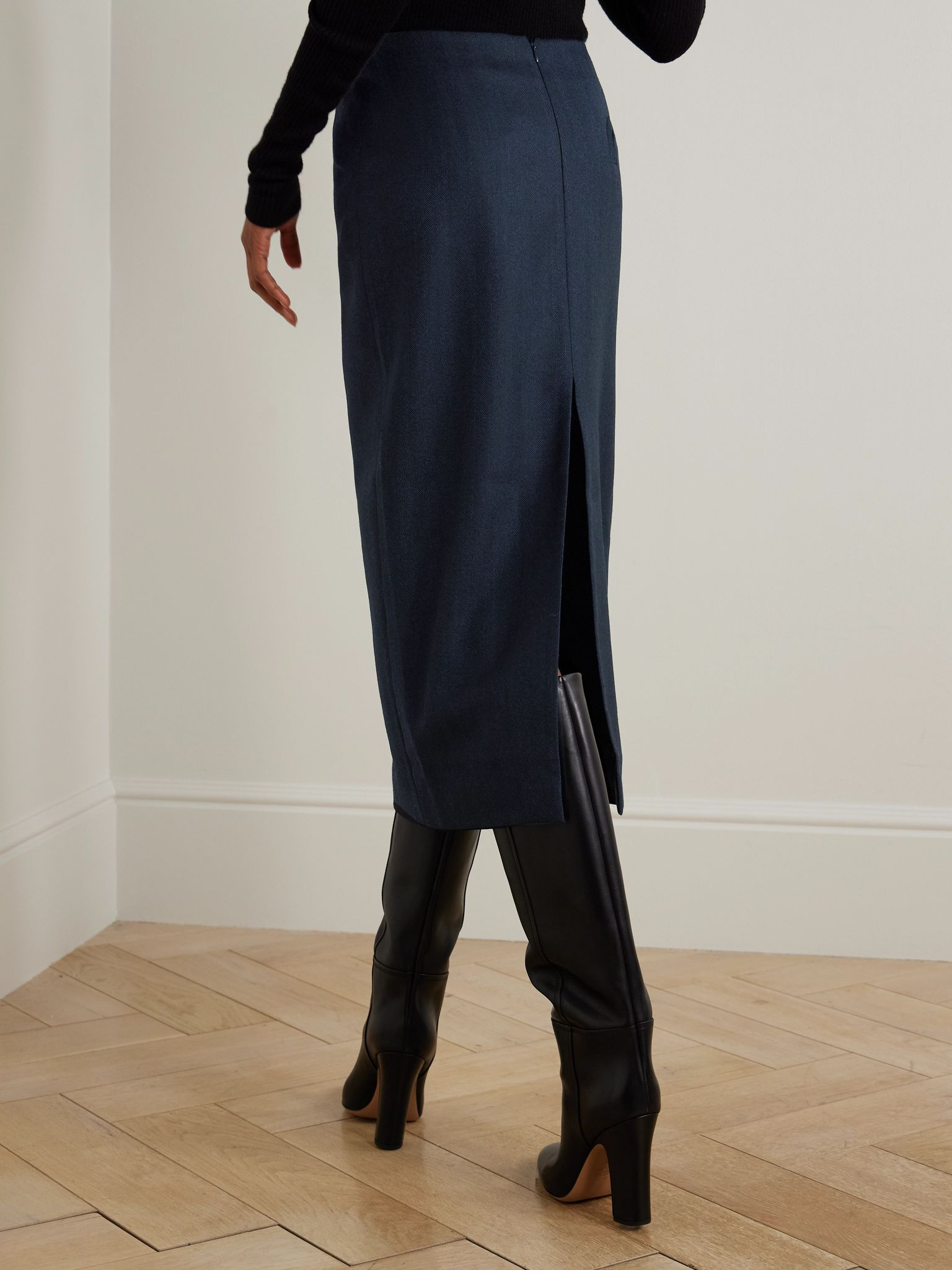 Sussex herringbone wool midi skirt Navy - 3