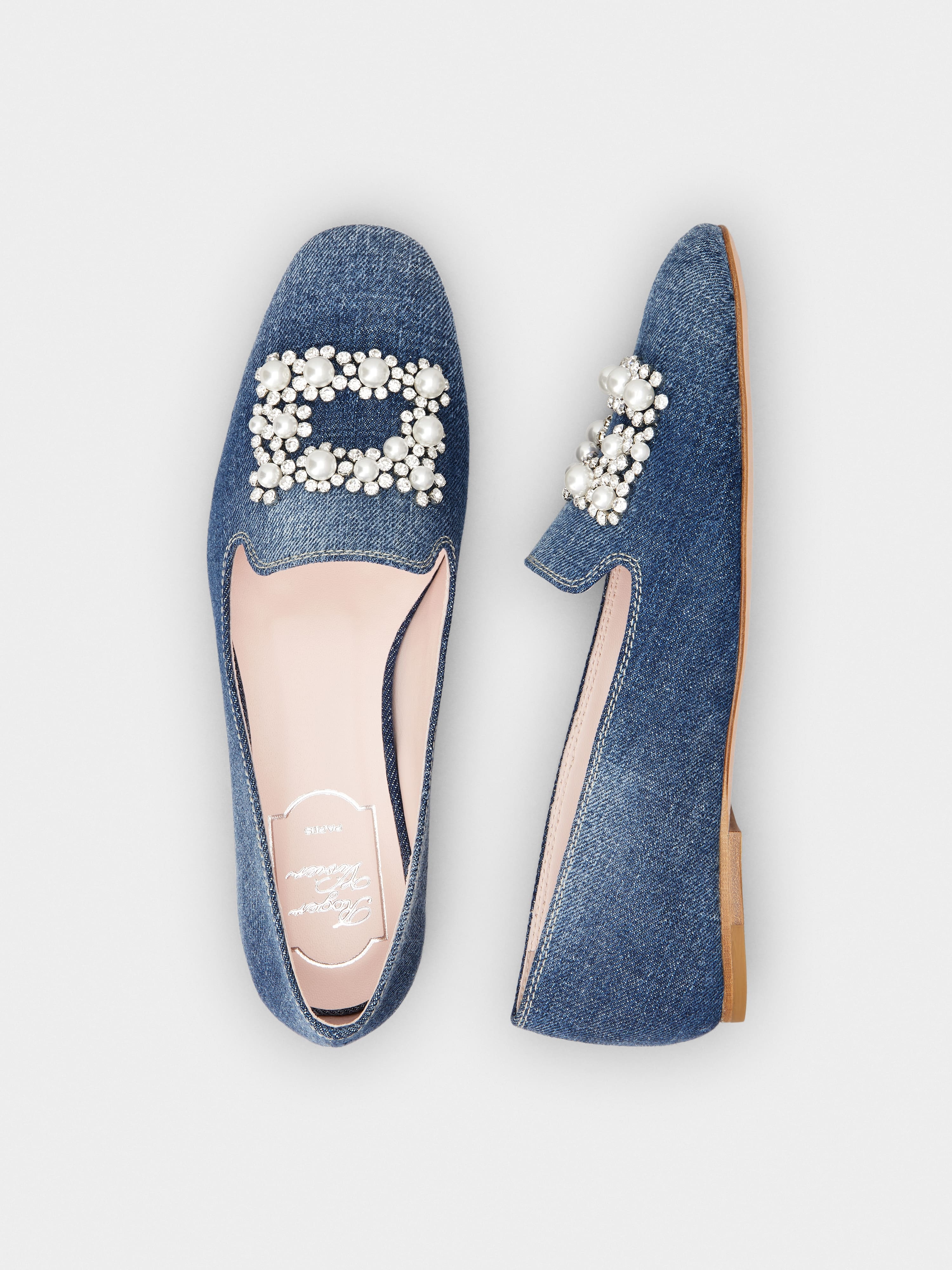 Pearl Embroidered Buckle Loafers in Denim - 4