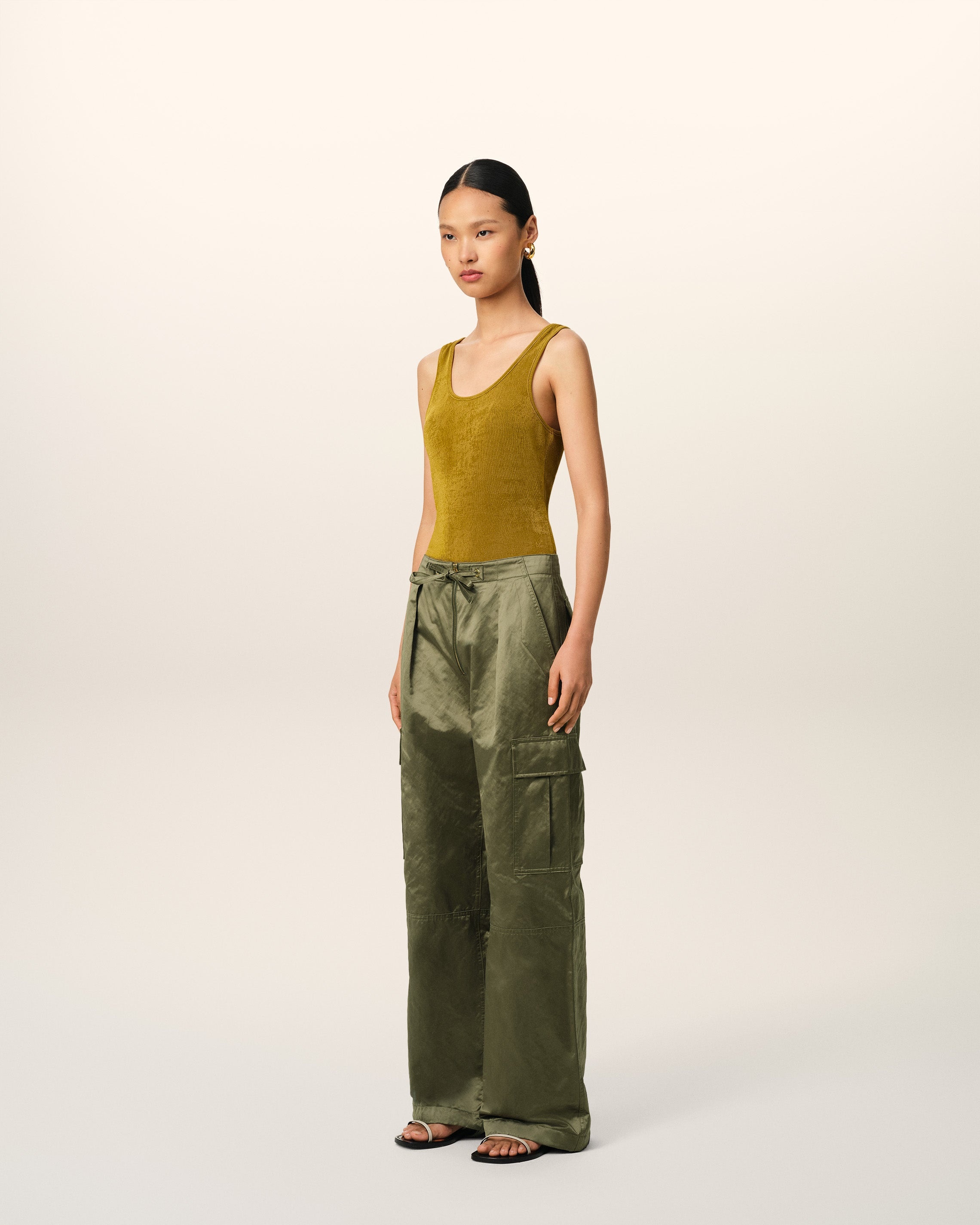 GREEN COTTON SATIN ZIPPED CARGO TROUSERS - 6