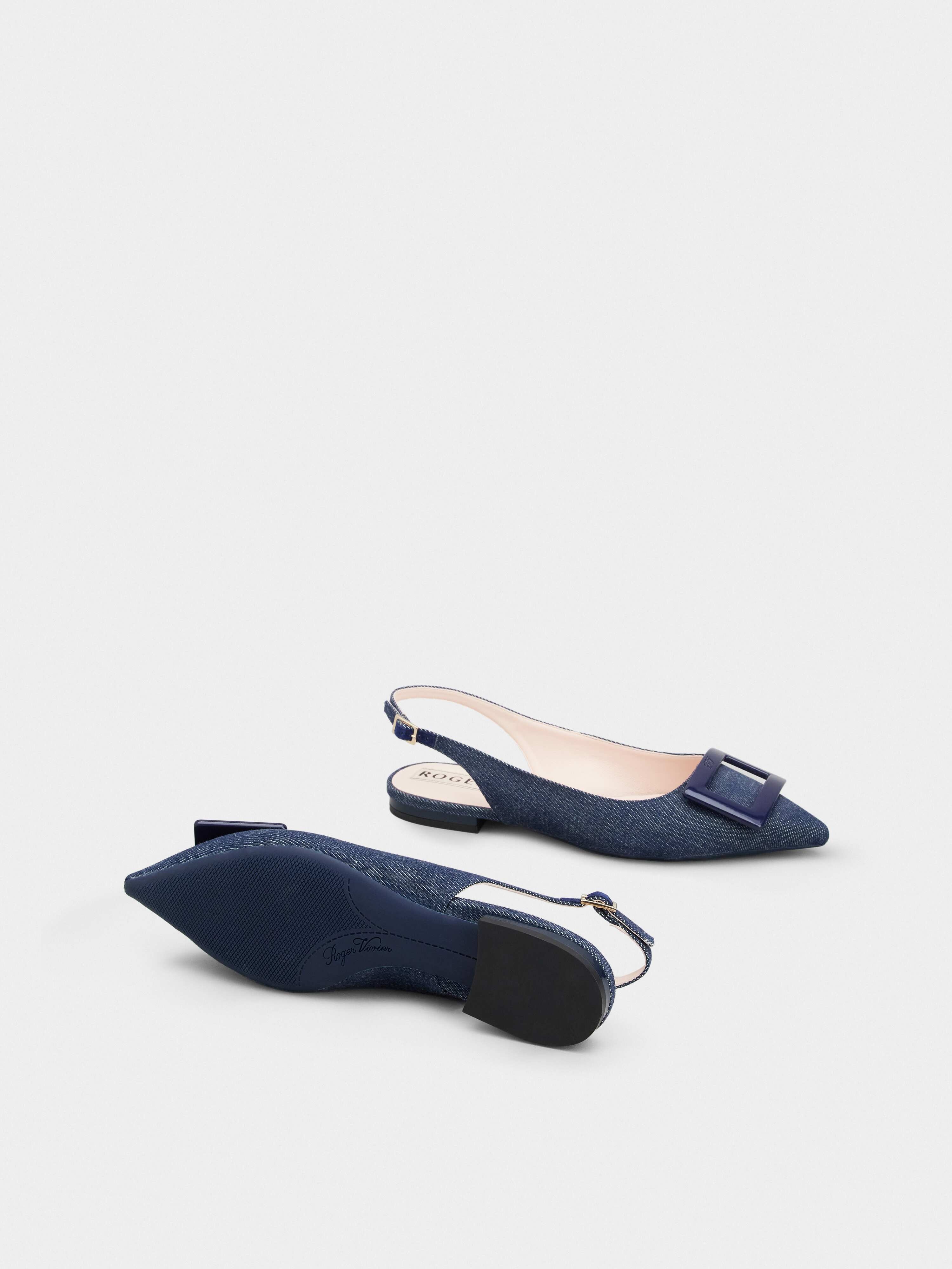 Gommettine Lacquered Buckle Slingback Ballerinas in Denim - 6