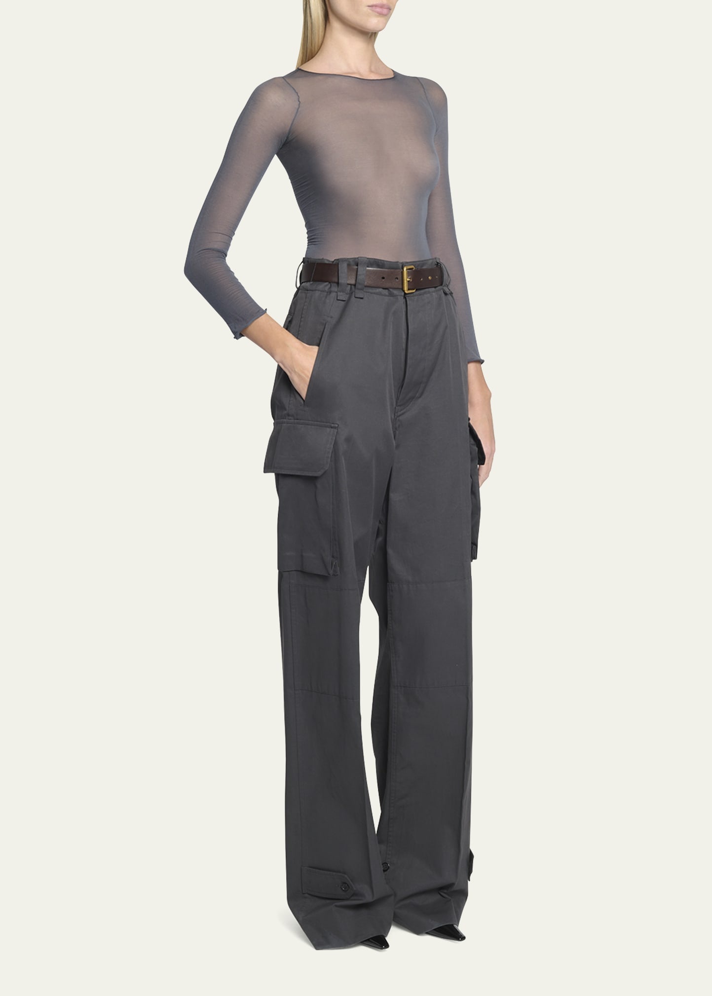 Wide-Leg Cargo Pants with Leather Belt - 2