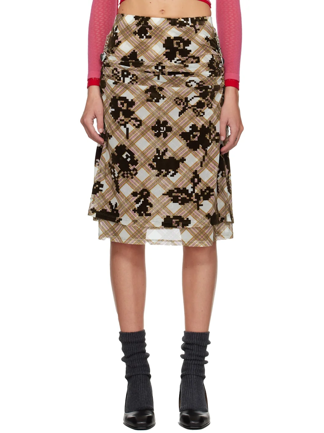 Brown & White Sonicscape Mesh Knee Midi Skirt - 1