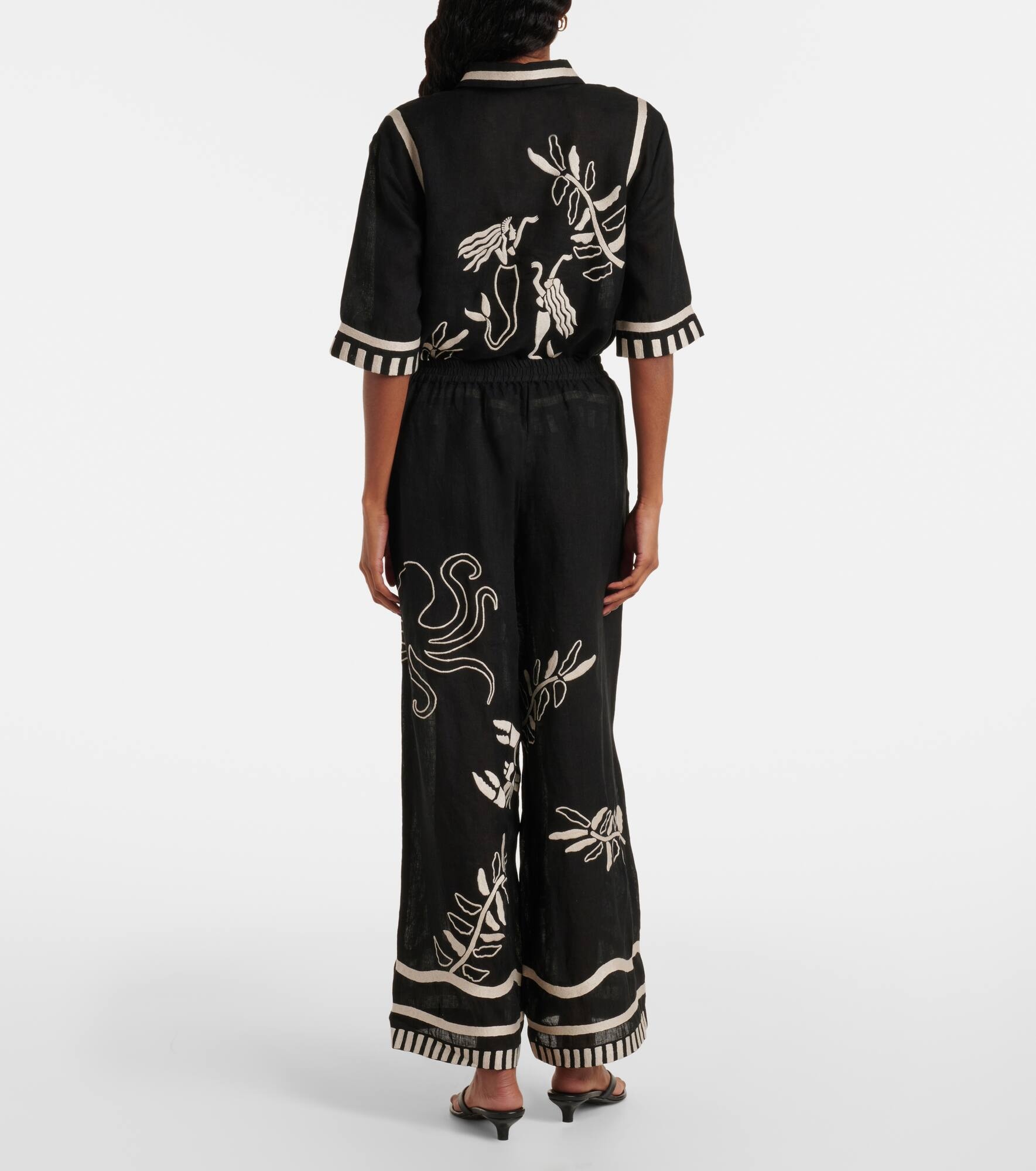 Octopus embroidered linen wide-leg pants - 3