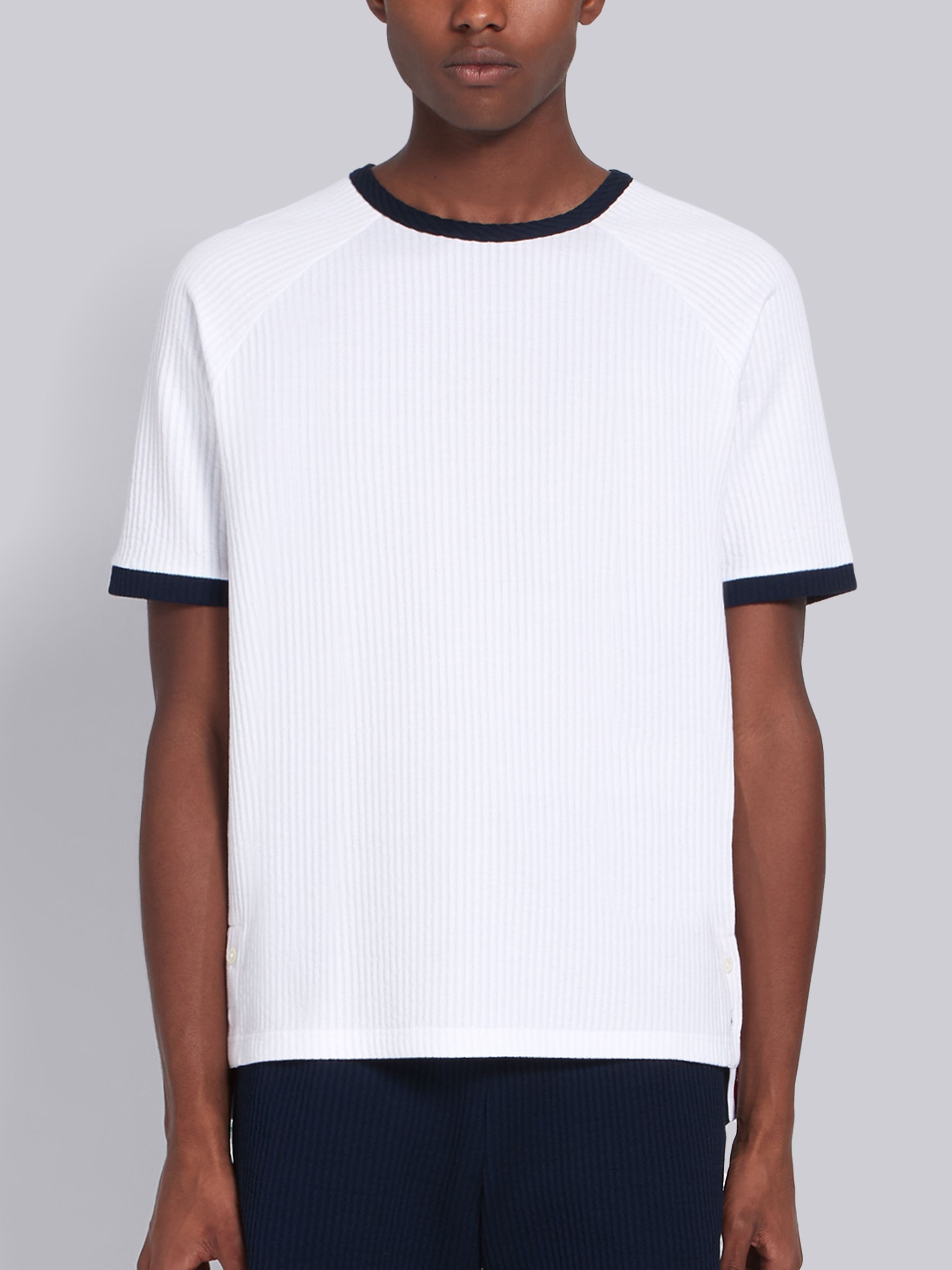 White Seersucker Short Sleeve Ringer Tee - 1