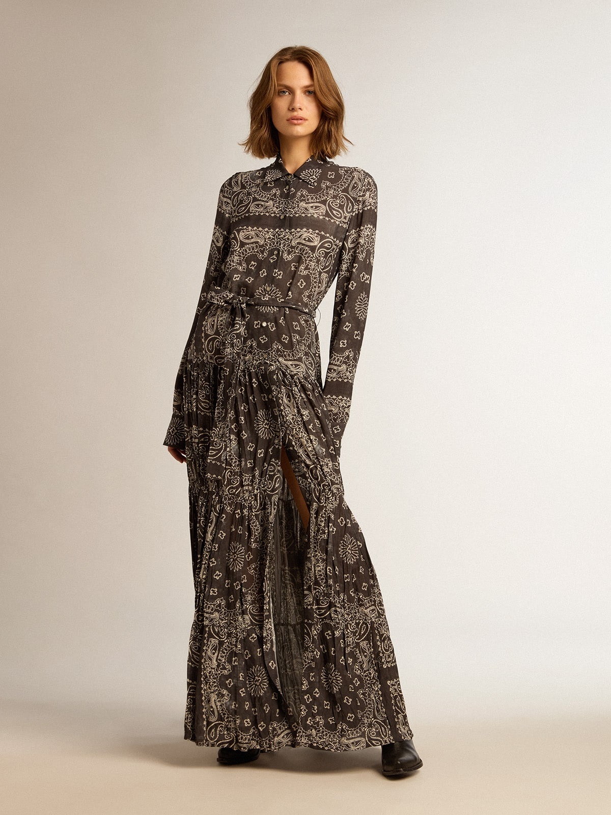 Anthracite-gray shirt dress with paisley print - 2