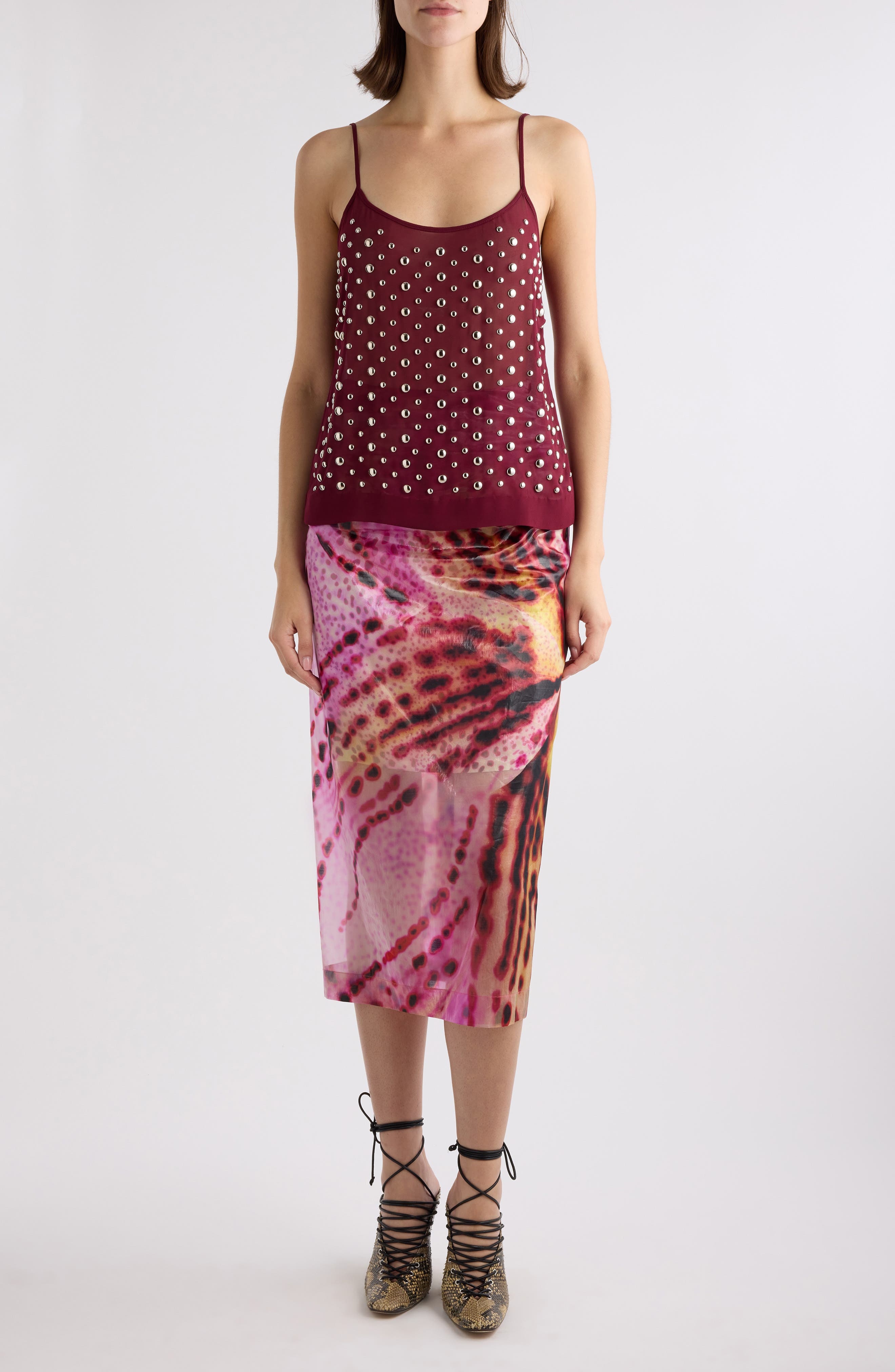 Dries Van Noten Studded Sheer Chiffon Camisole in Bordeaux at Nordstrom - 2
