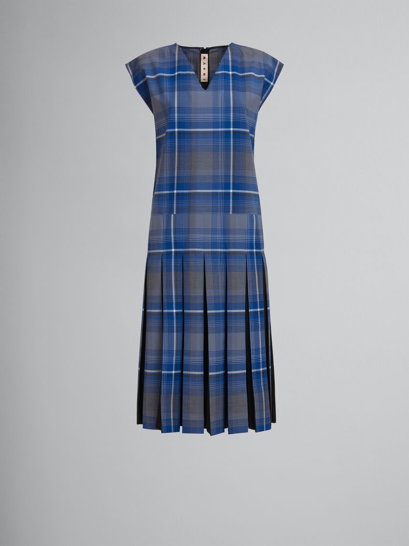 BLUE CHECKED WOOL BLEND DRESS WITH CONTRAST PLEATS - 1