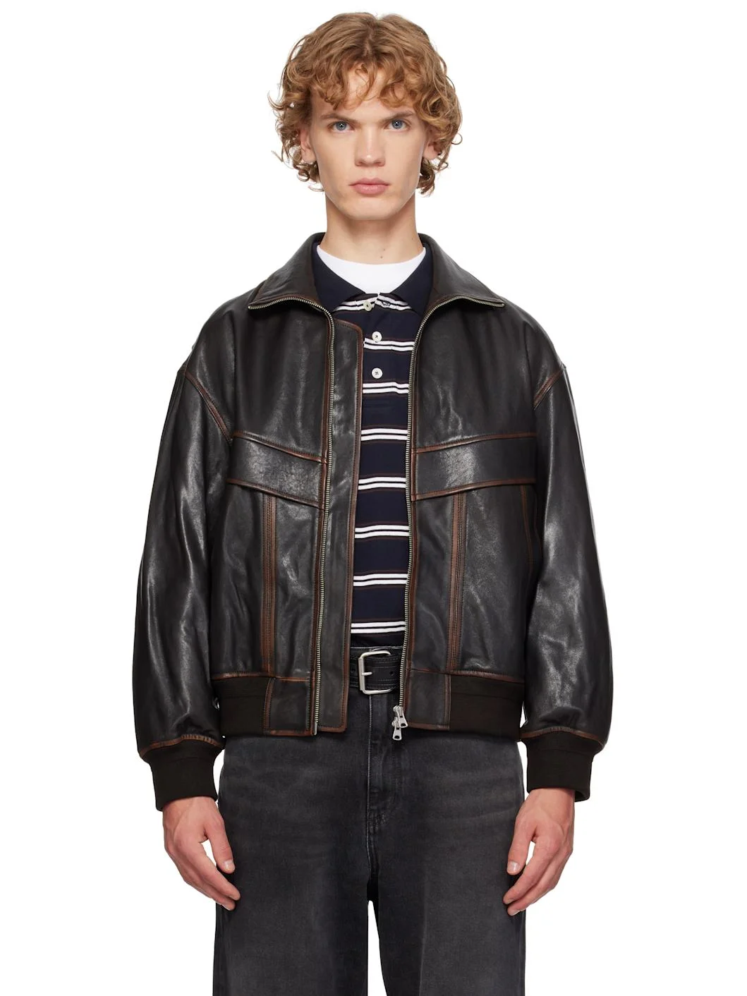Brown Stand Collared Leather Jacket - 1