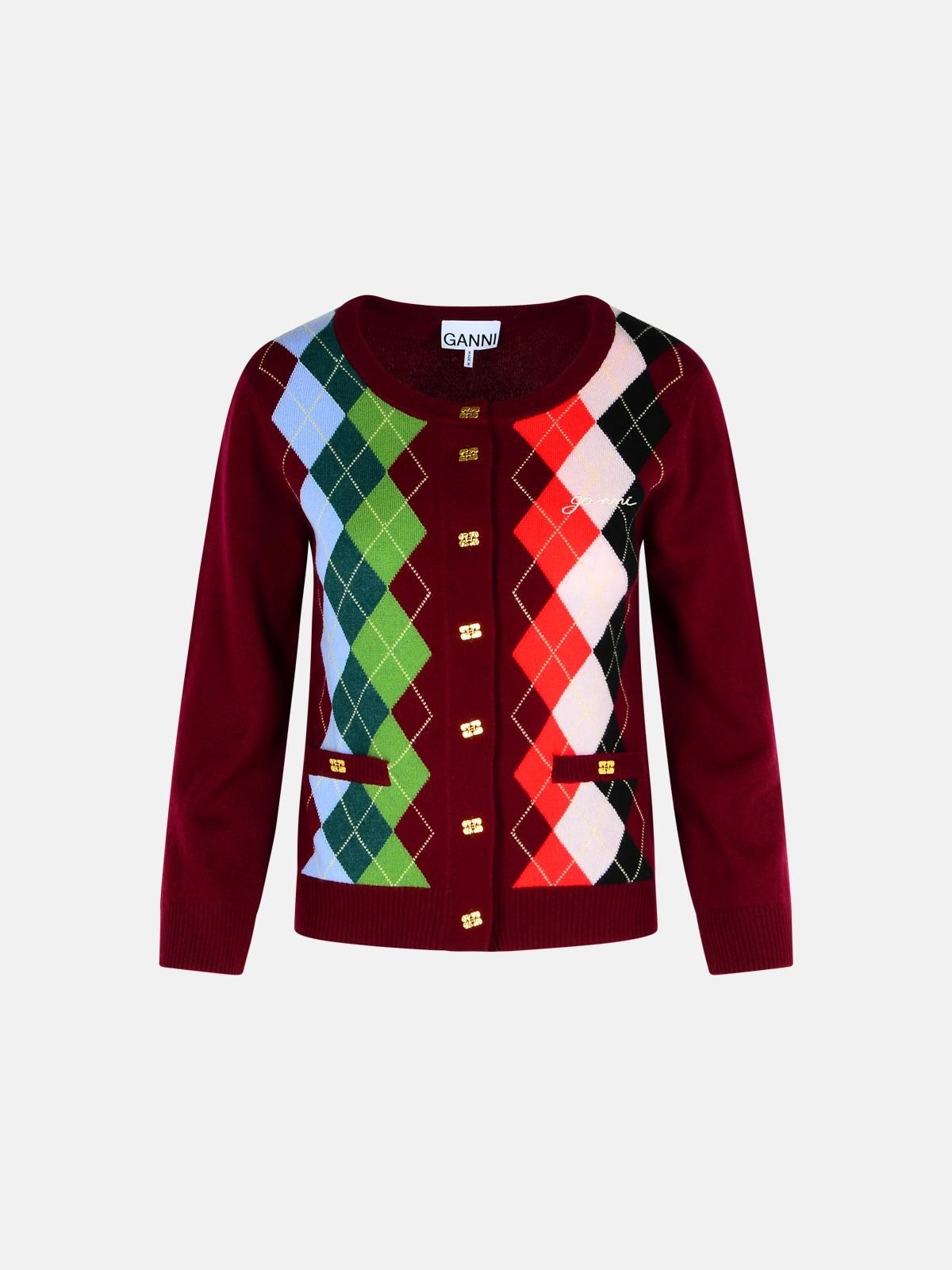 BURGUNDY MERINO WOOL BLEND CHECK CARDIGAN - 1