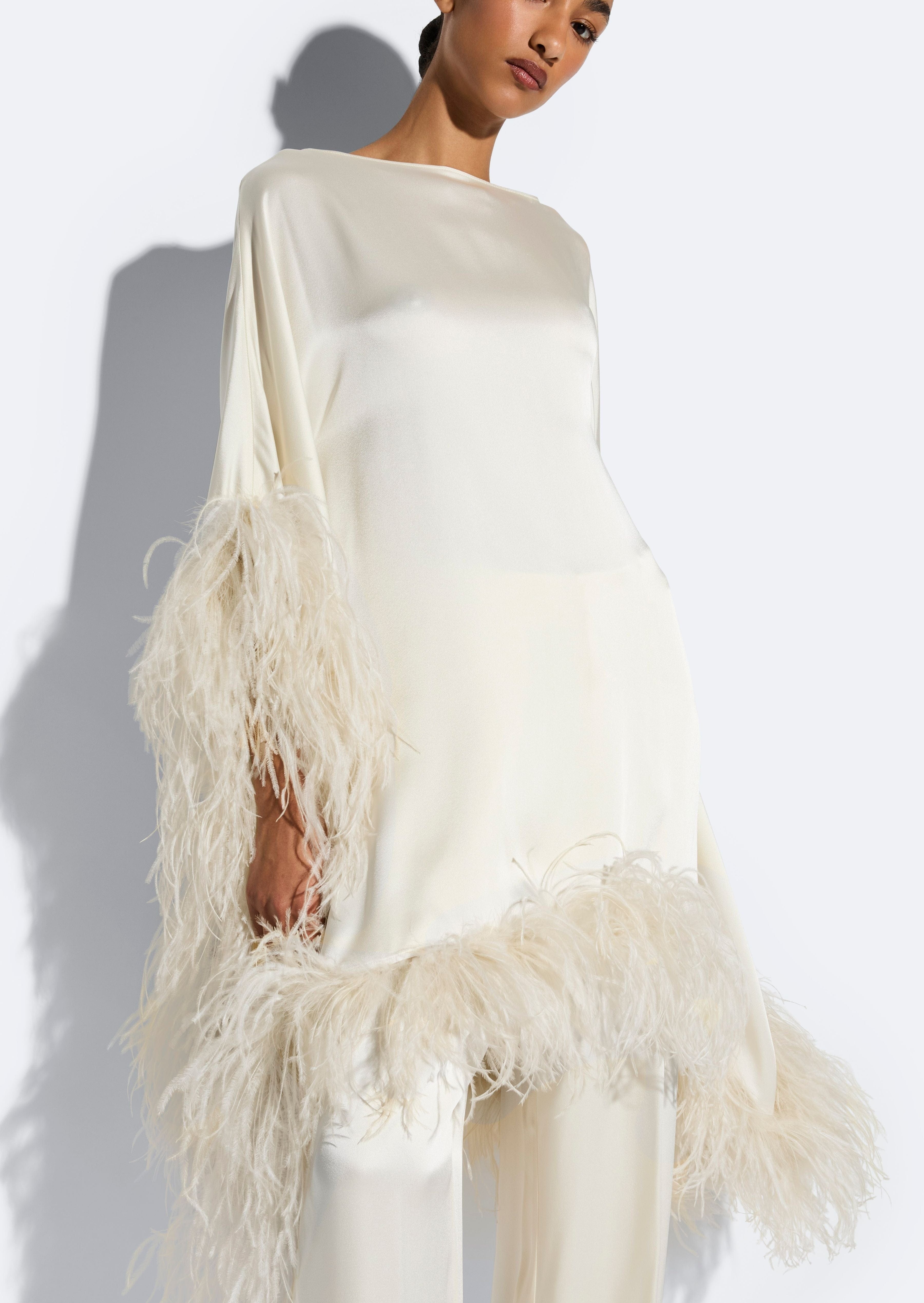 Satin Cape Dress With Feathers - 4