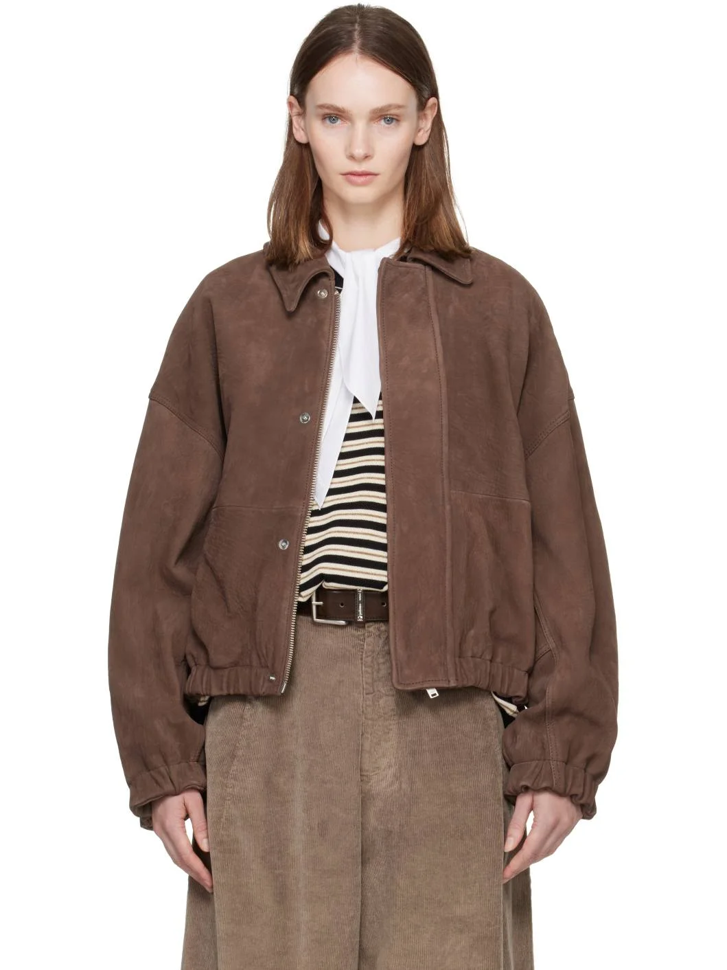 Brown Nobuck Leather Bomber Jacket - 1