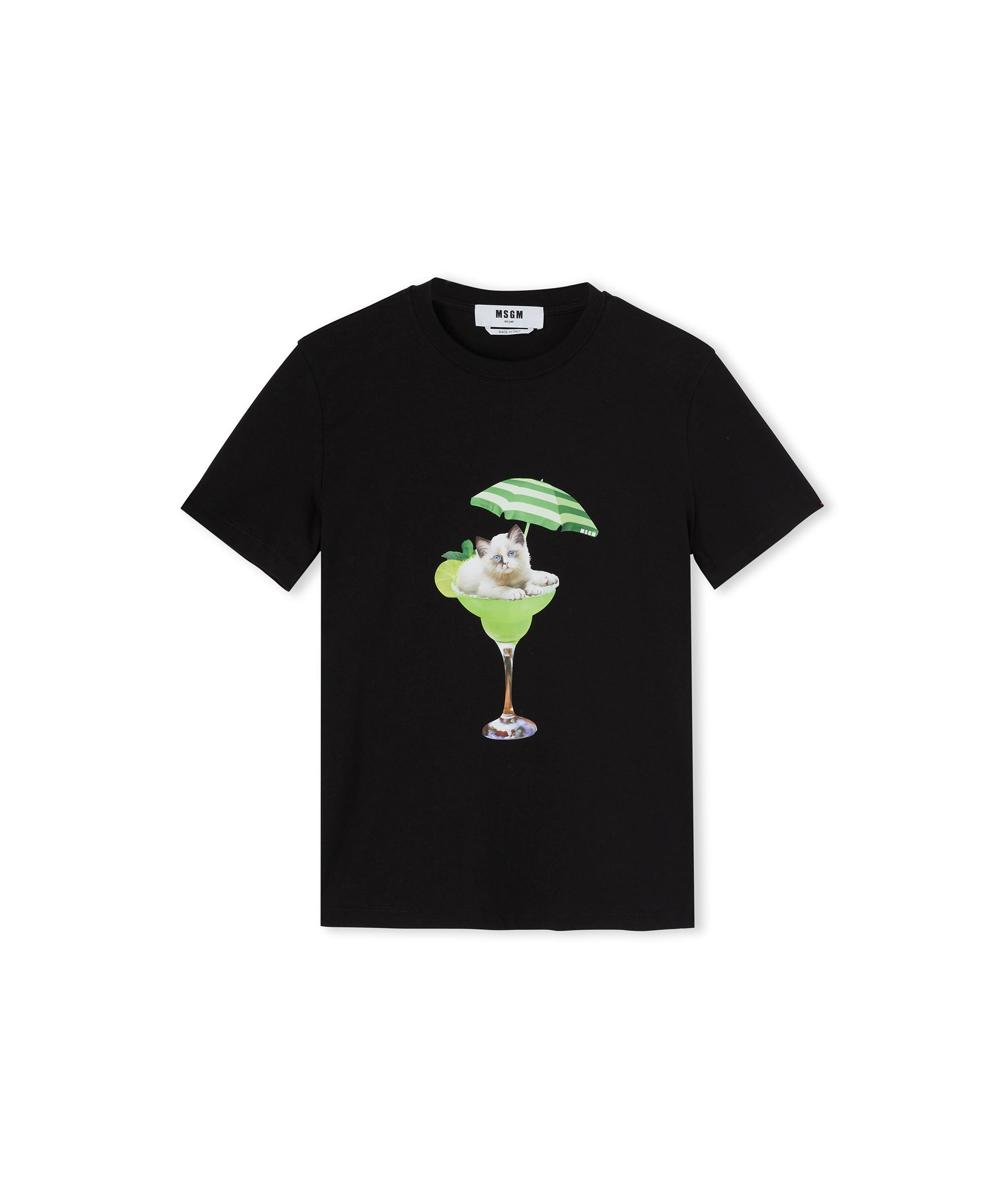 Cotton crewneck t-shirt with "cocktail cat" graphic - 1
