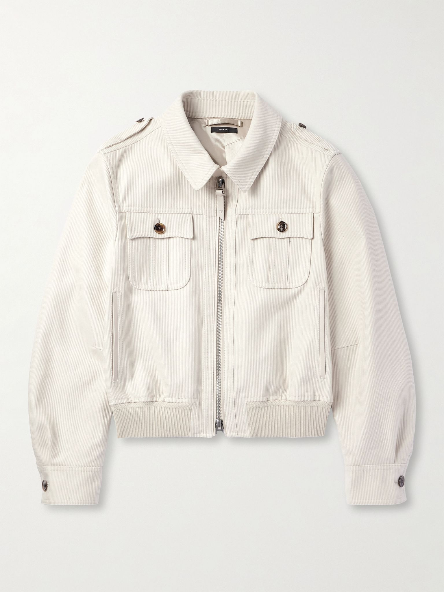 Slim-Fit Leather-Trimmed Cotton-Corduroy Jacket Cream - 1