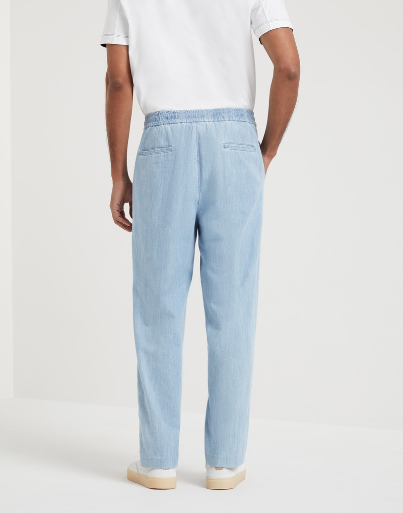 Brunello Cucinelli Lightweight denim leisure fit trousers with drawstring and double pleats outlook