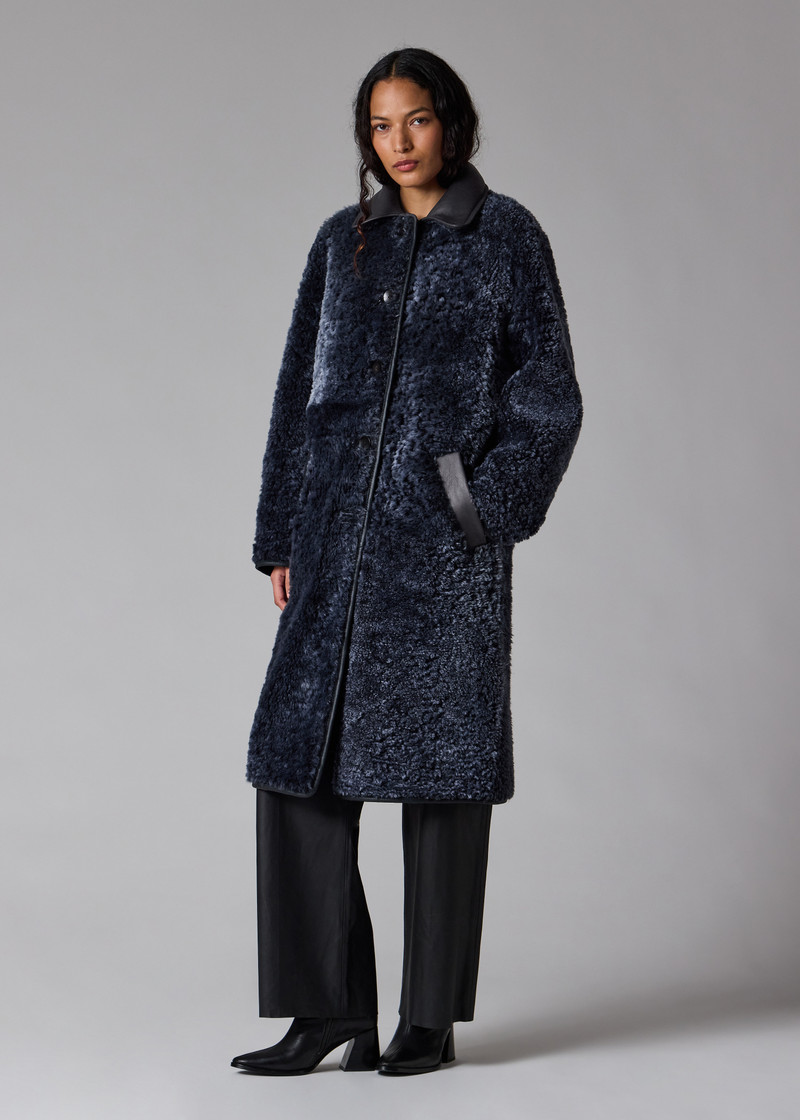 Women's Navy Reversible Leather and Shearling Coat 8