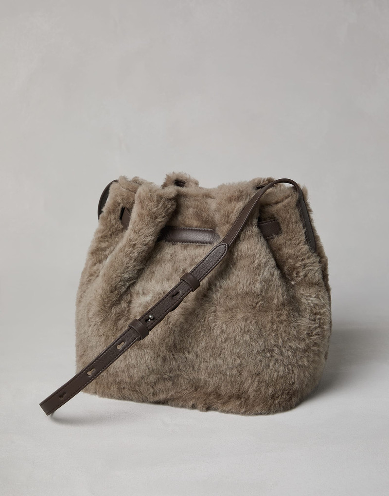 Brunello Cucinelli Sartorial bucket bag in frosty-effect shearling outlook