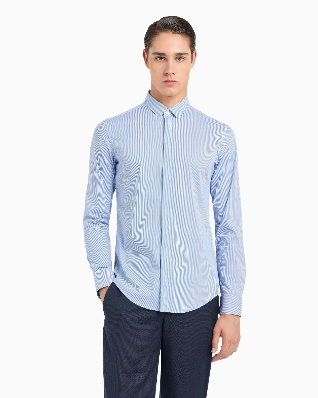 Shirt with a small Italian collar in stretch cotton with jacquard micro-stripes - 2
