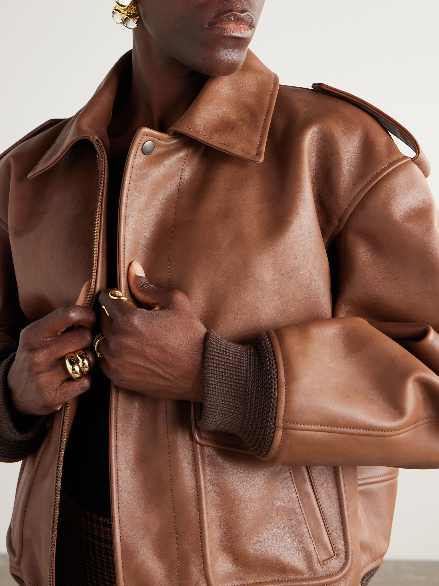 Shearling-trimmed leather jacket Brown - 5
