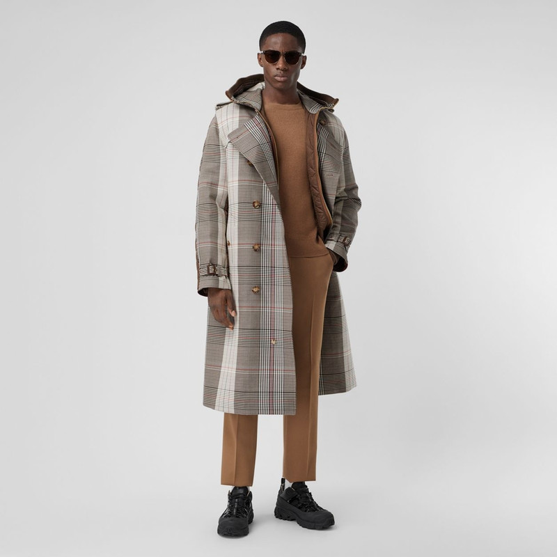 Quilted Panel Check Wool Cotton Trench Coat 8