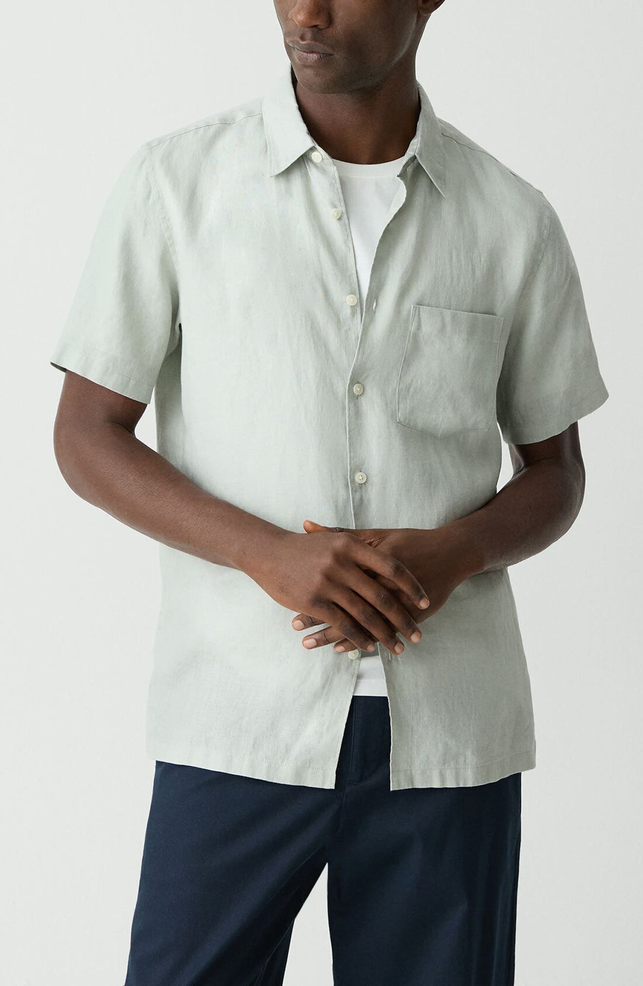 Theory Irving Solid Short Sleeve Linen Button-Up Shirt in Light Green at Nordstrom - 6