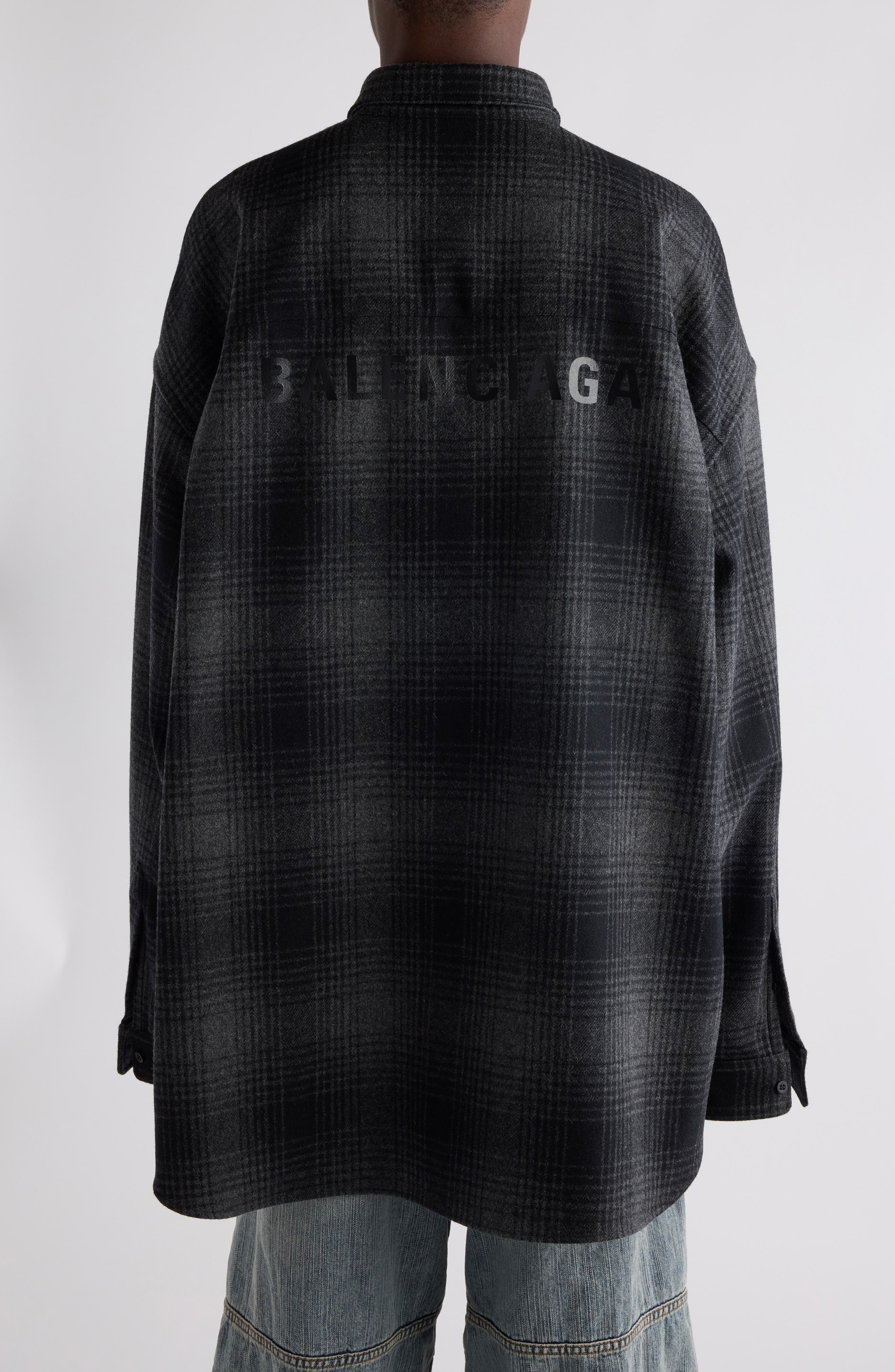 Balenciaga Oversize Plaid Wool Blend Flannel Button-Down Shirt in 1262 Grey/Black at Nordstrom - 3