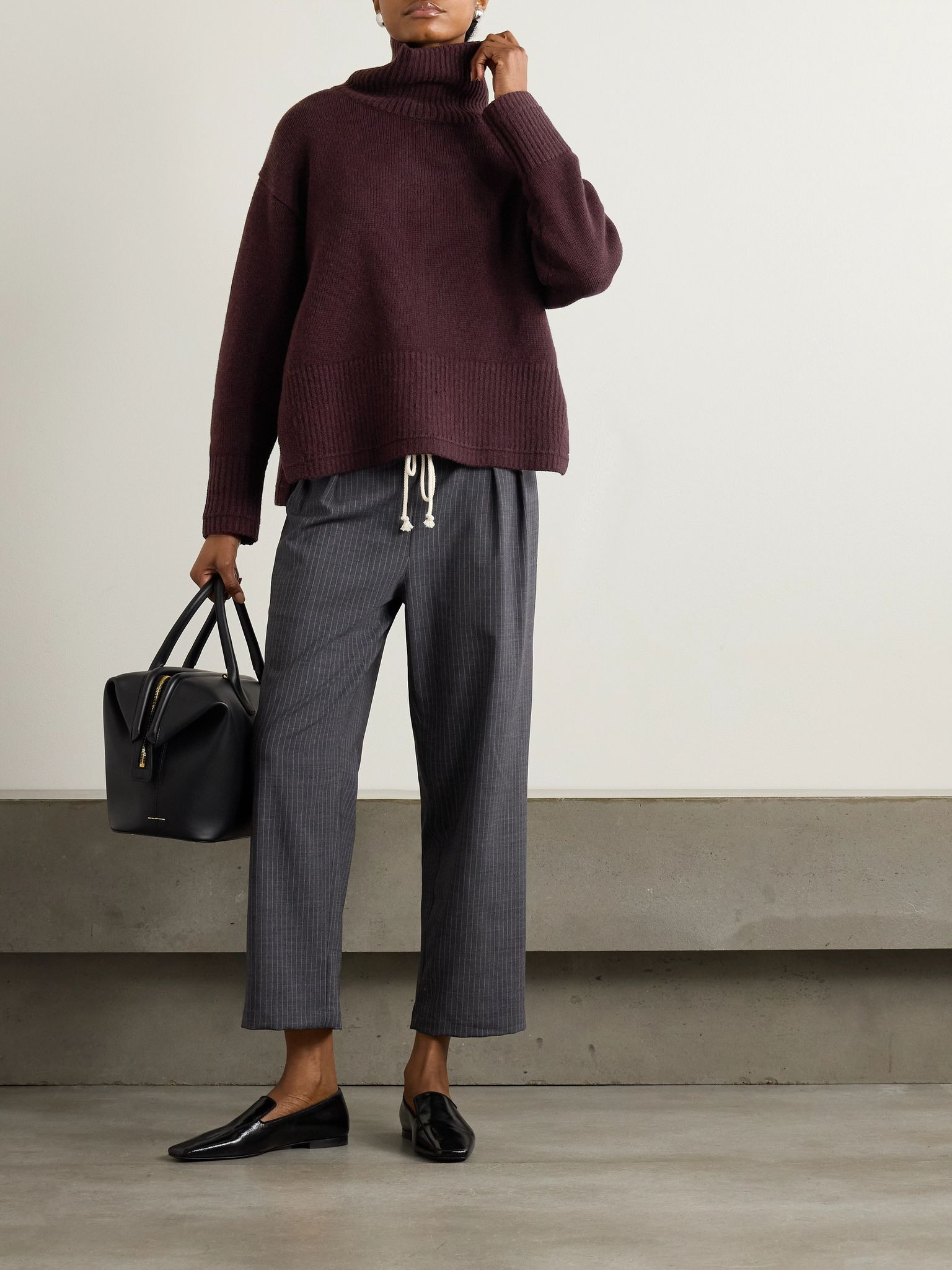 Cosy pinstriped pleated wool-blend flannel wide-leg pants Charcoal - 2