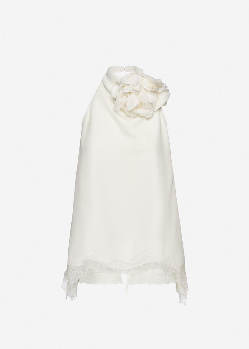 Silk open-back lace-trim blouse in cream 1