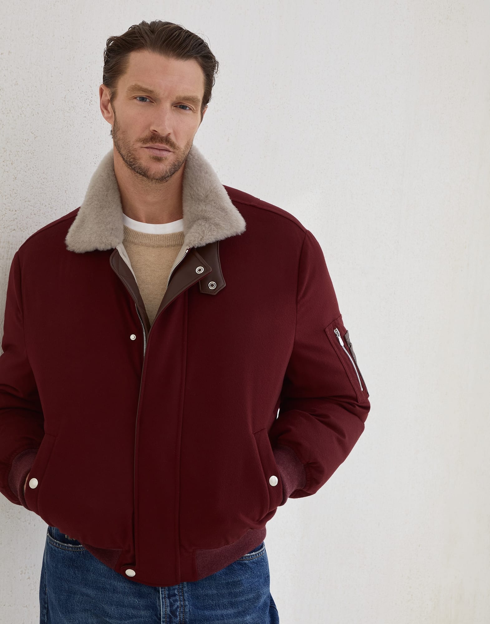 Bonded wool flannel down jacket with shearling-lined collar - 4