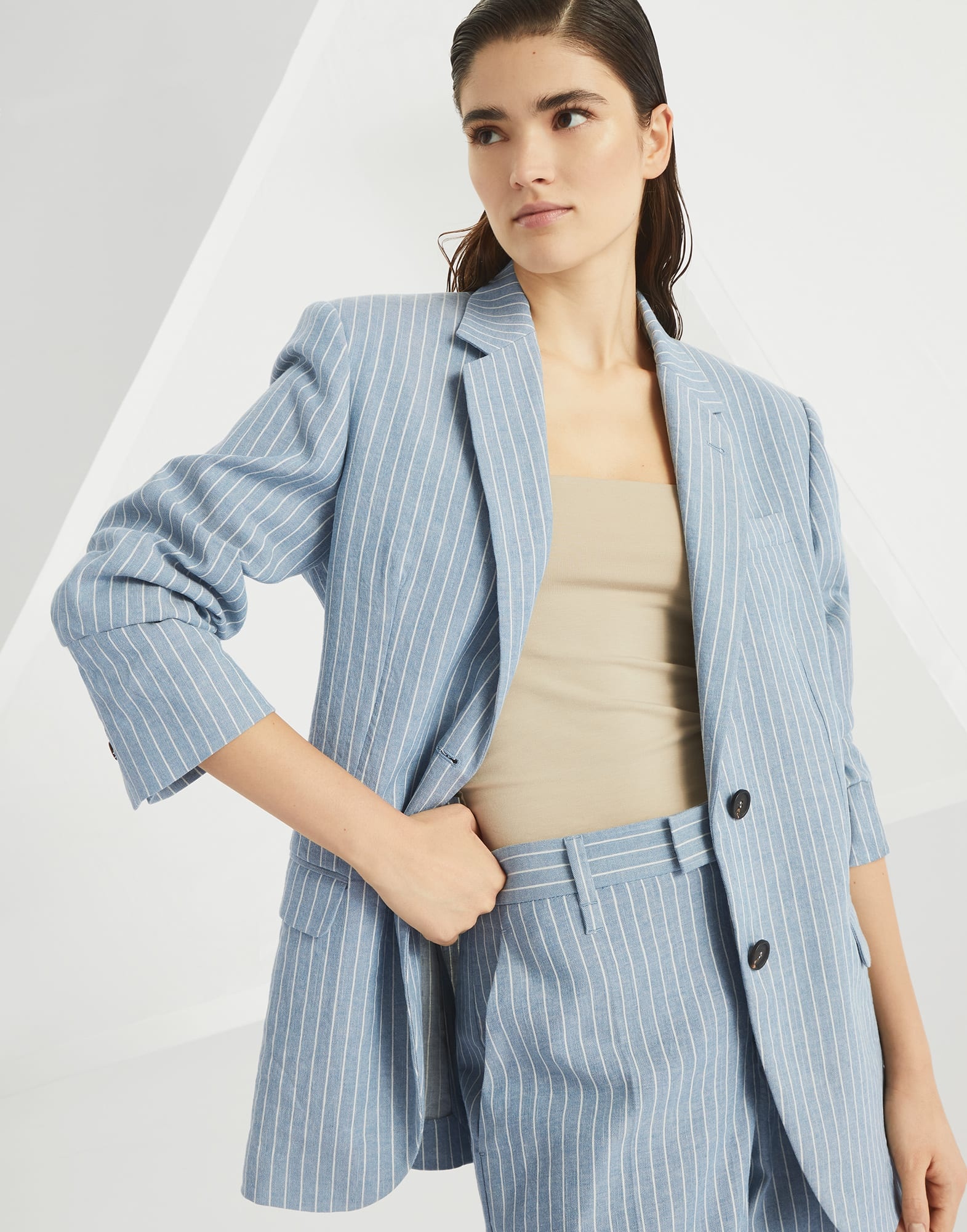 Linen and hemp chalk stripe twill blazer with monili - 4