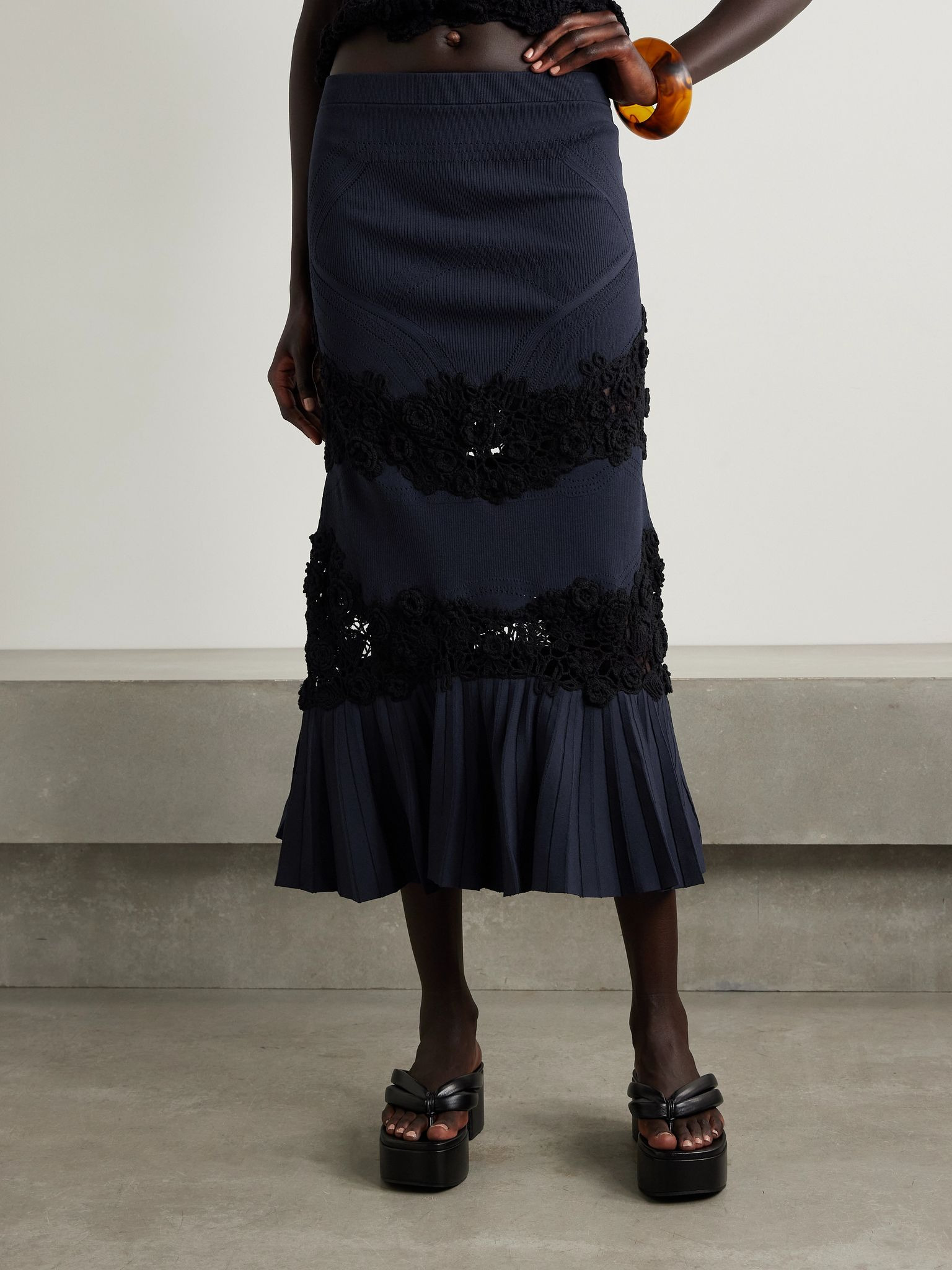 Madeline crochet-paneled ribbed-knit maxi skirt Navy - 3