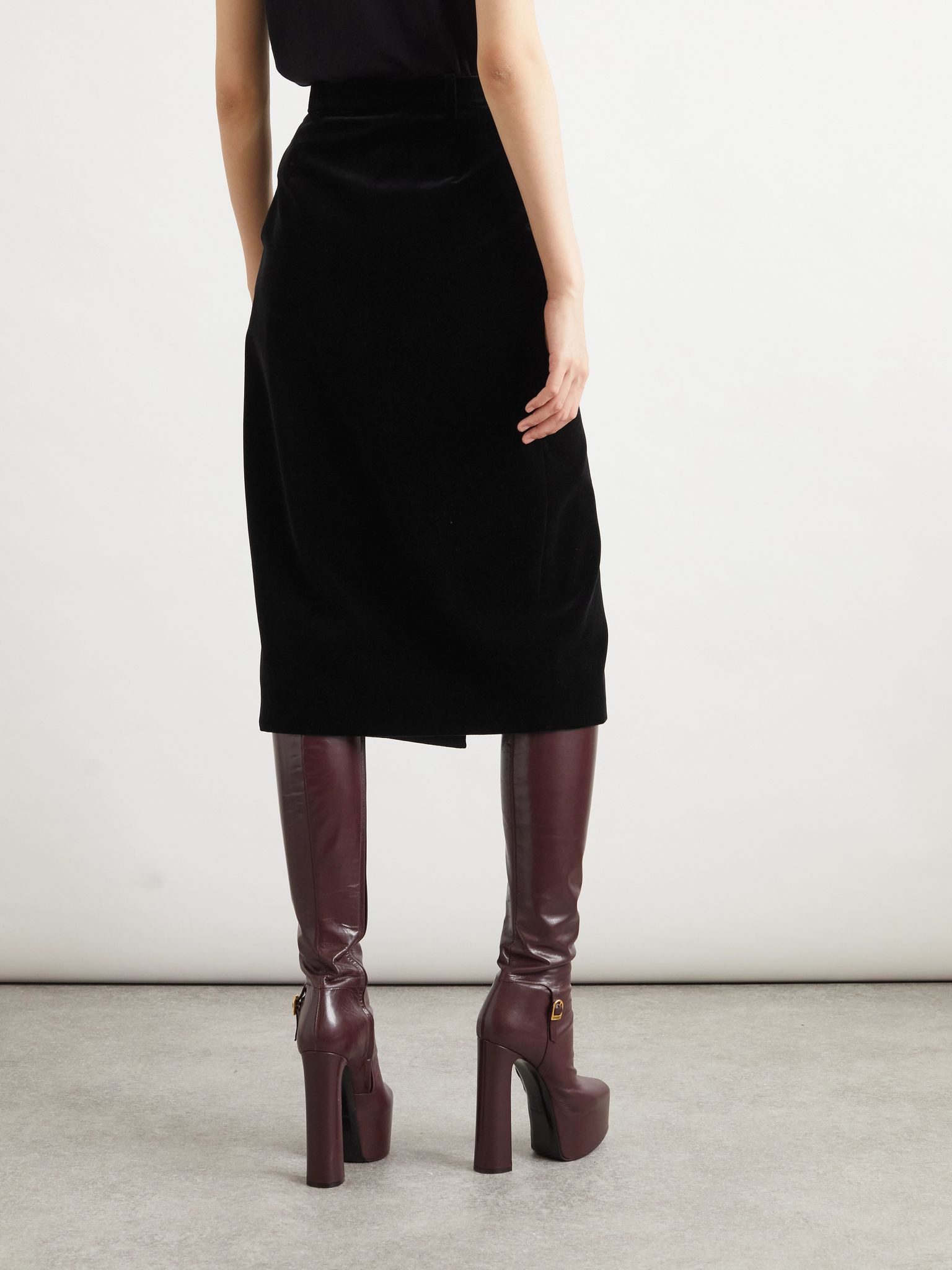 Wrap-effect cotton-velvet midi skirt Black - 4