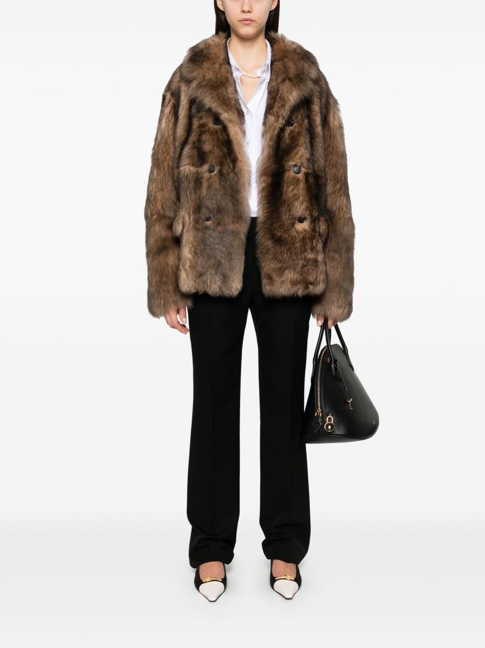 double-breasted shearling coat - 2