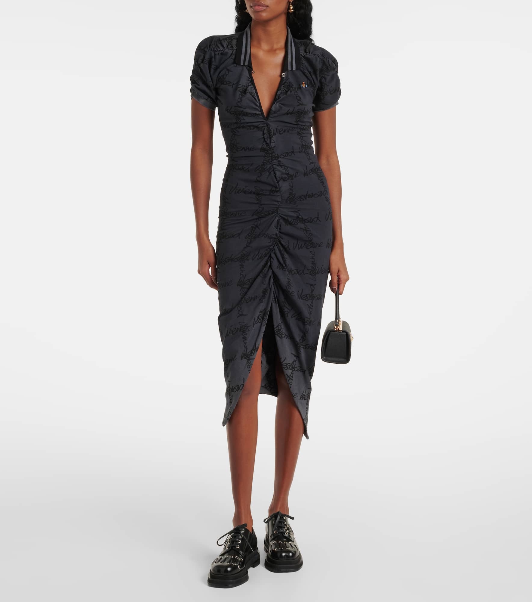 Pulling gathered cotton piqué midi dress - 2