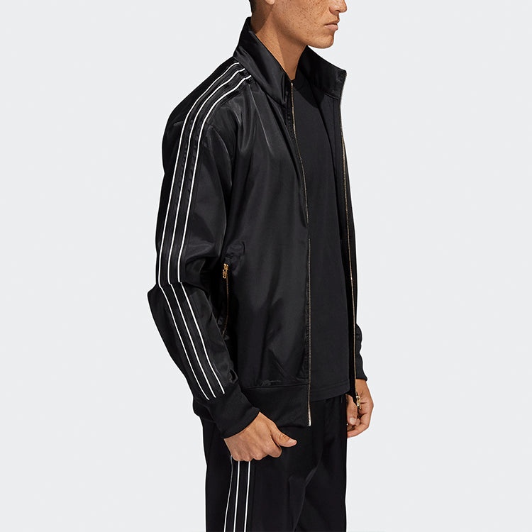 Men's adidas originals Stand Collar Stripe Zipper Ribbed Cuff Long Sleeves logo Sports Jacket Black  - 4