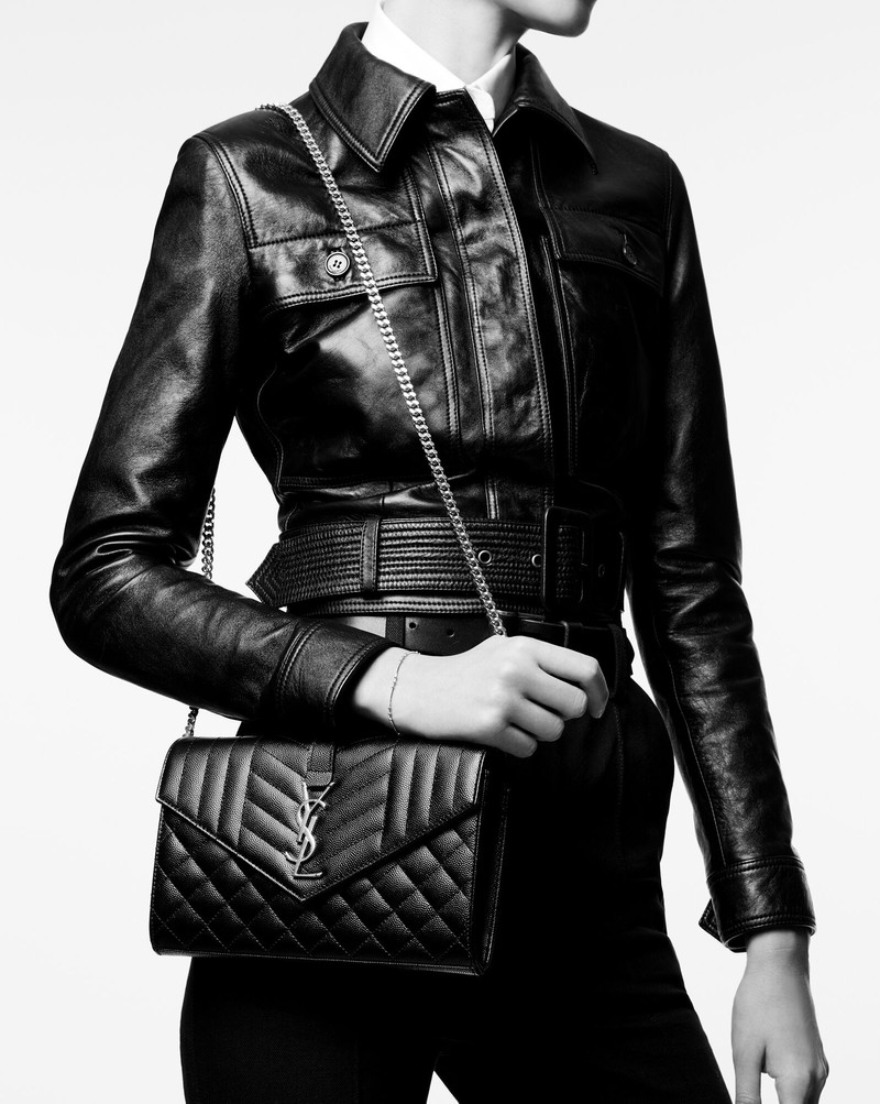 SAINT LAURENT envelope chain wallet in mix matelassé grain de poudre embossed leather outlook