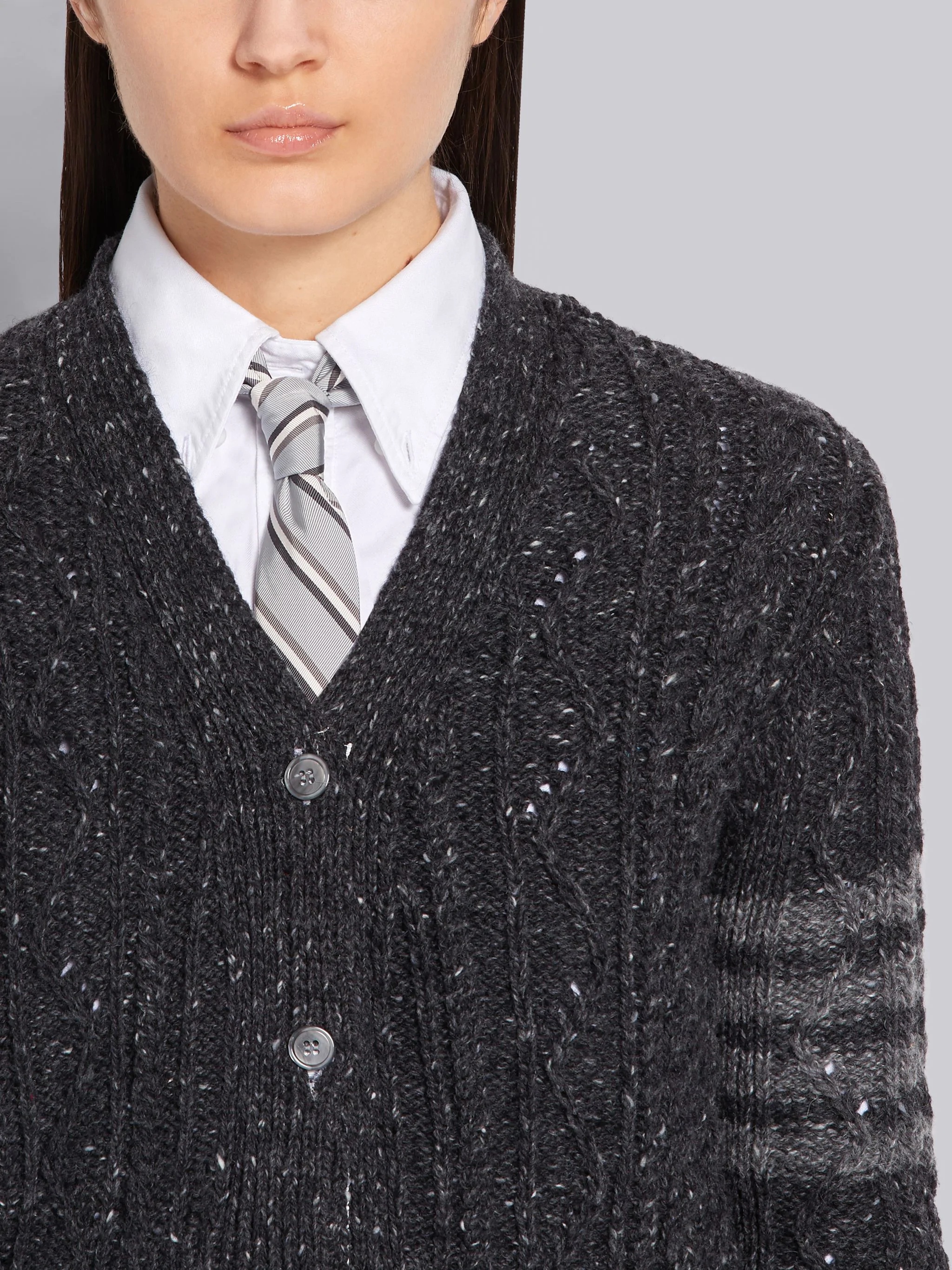 Dark Grey Mohair Wool Tweed Aran Cable Classic V-neck 4-Bar Cardigan - 5