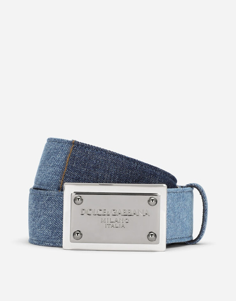 Patchwork denim belt with logo tag 1