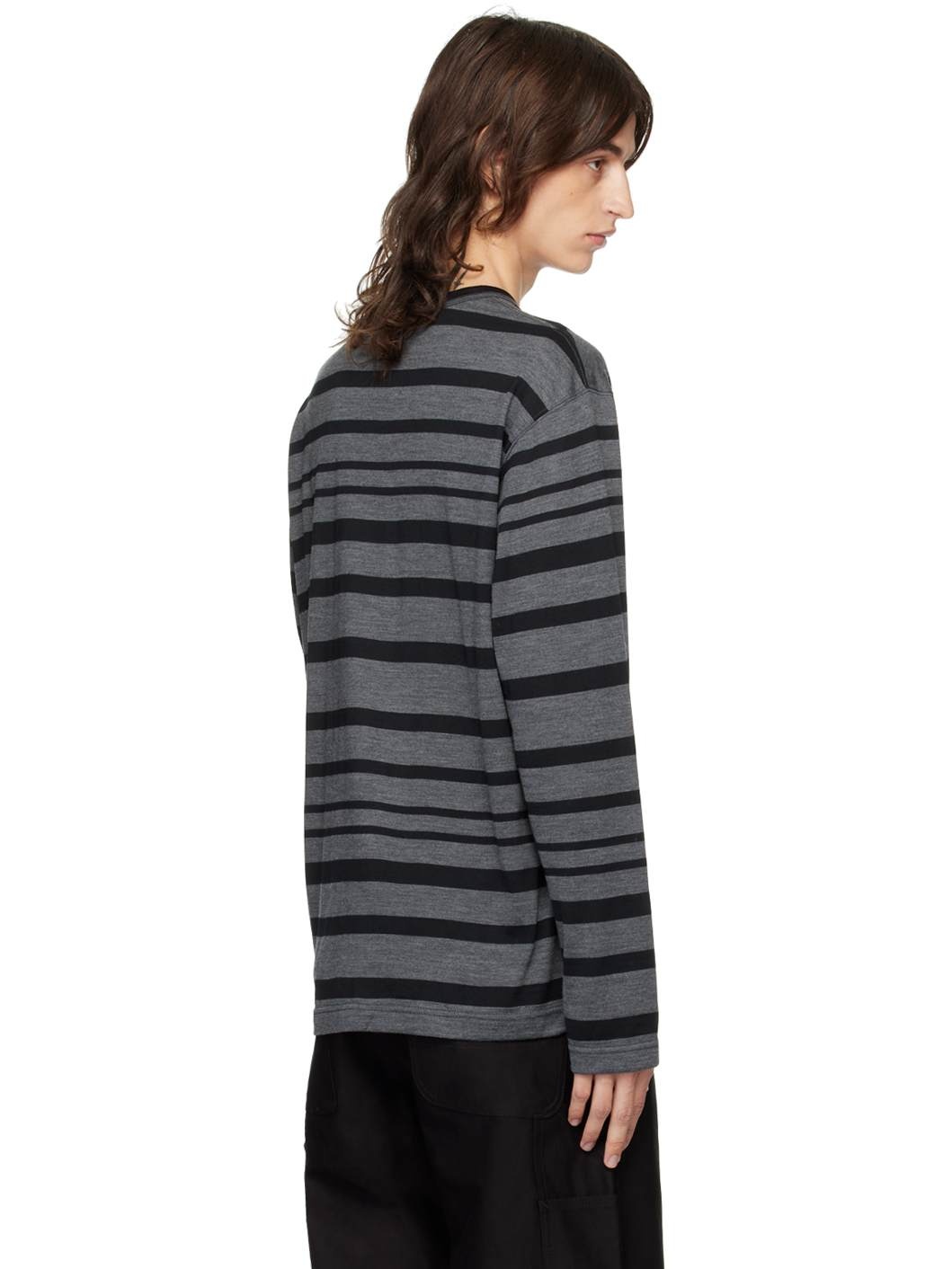 Gray & Black Stripe Wool Long Sleeve T-Shirt - 3