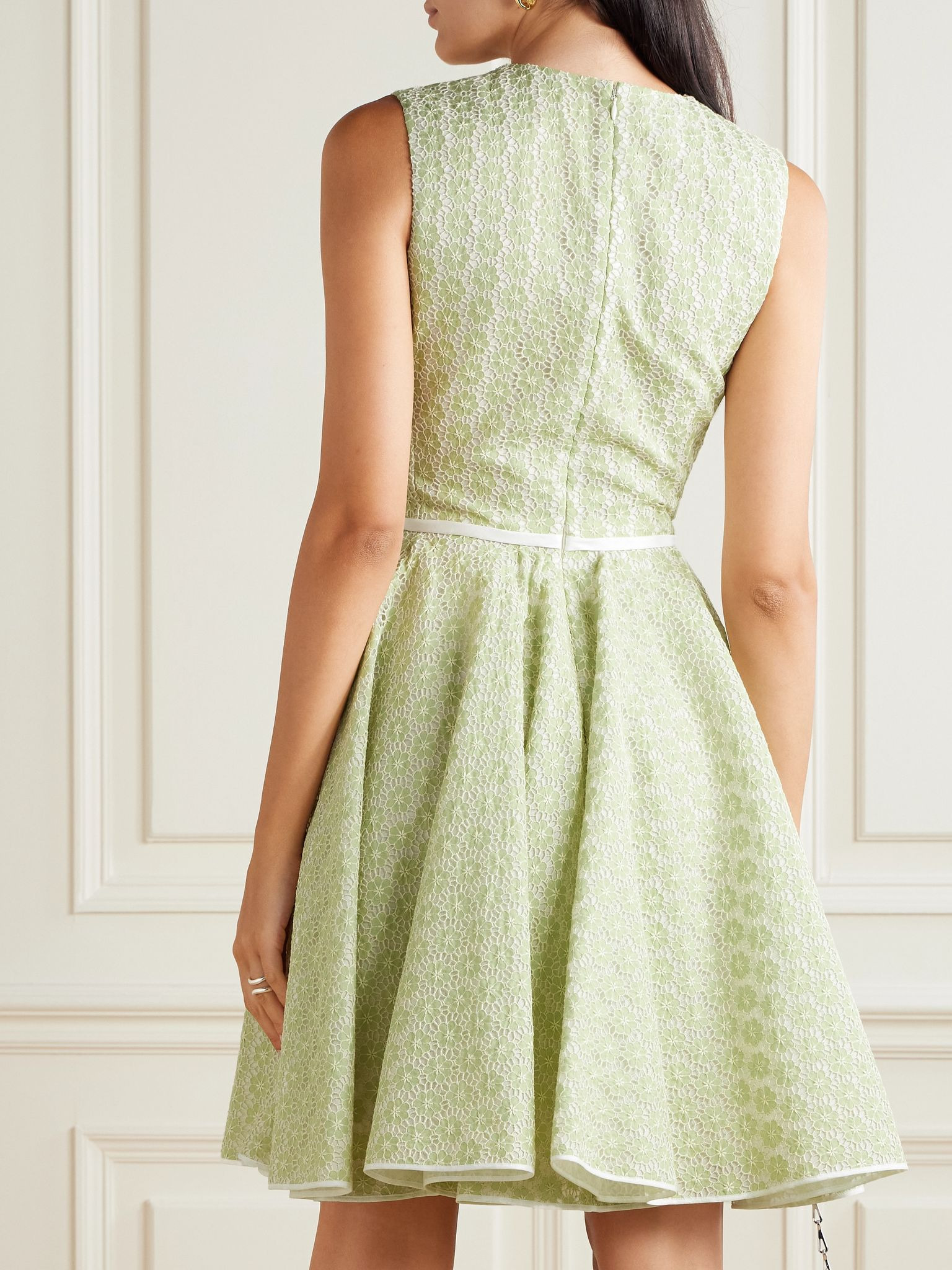 Belted bow-embellished pleated cotton guipure lace mini dress Mint - 3