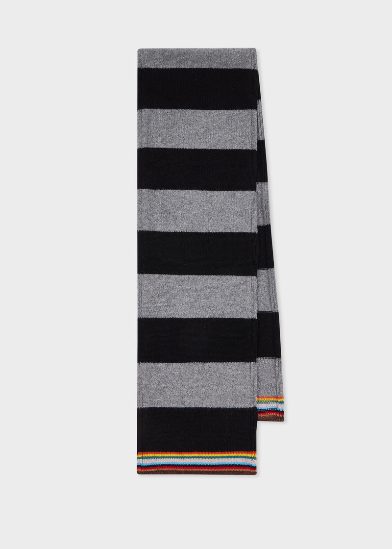 Black and Grey Block Stripe Scarf with 'Signature Stripe' Trim 1