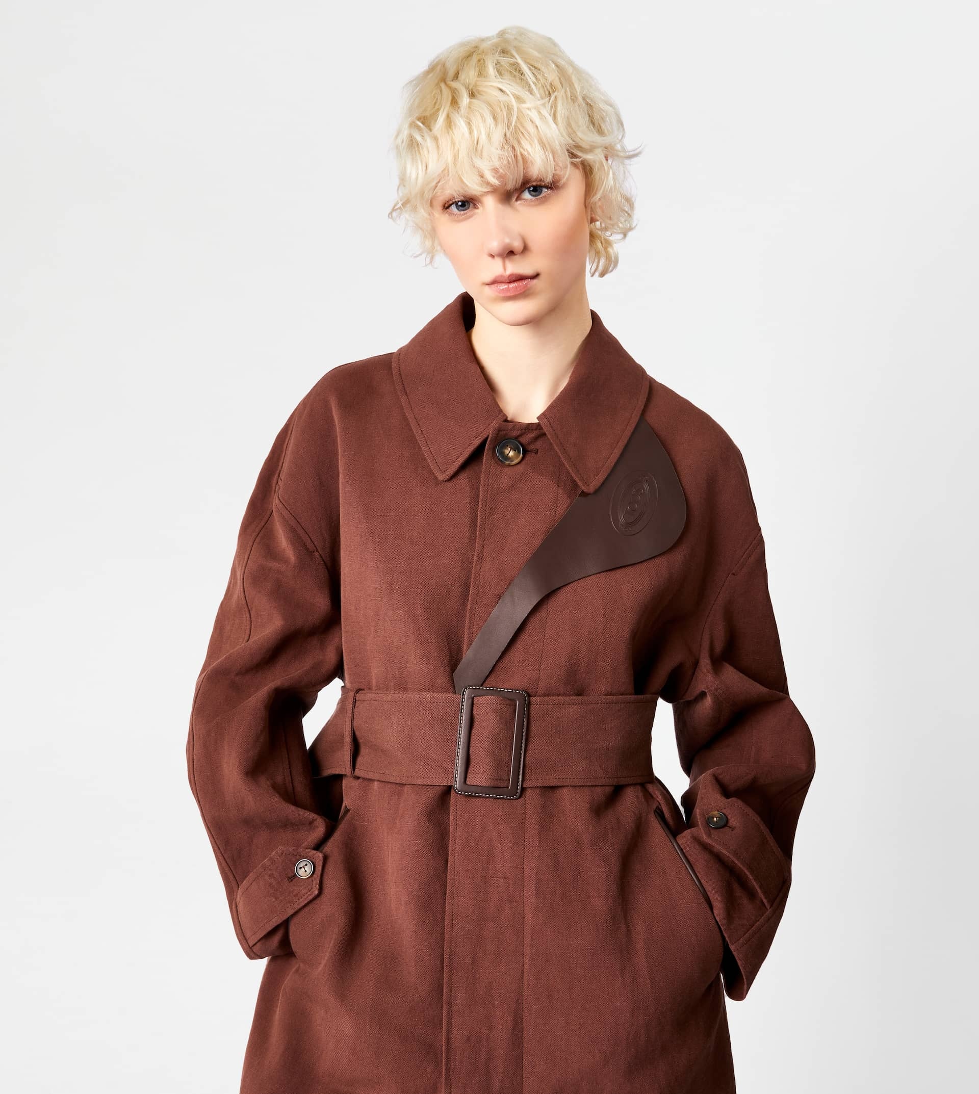 OVERCOAT WITH LEATHER INSERTS - BROWN - 7
