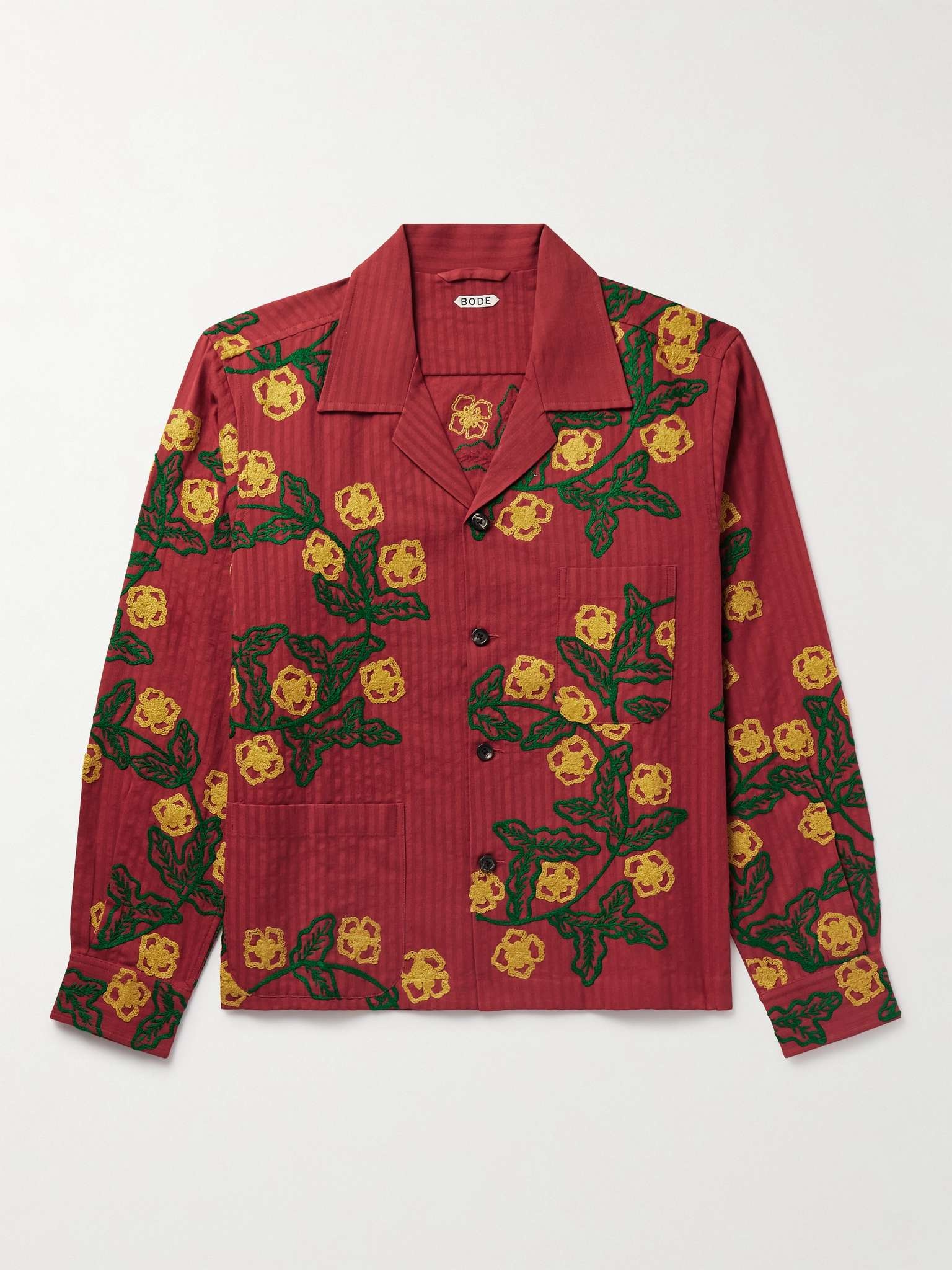 Marigold Wreath Camp-Collar Embroidered Striped Cotton Shirt - 1